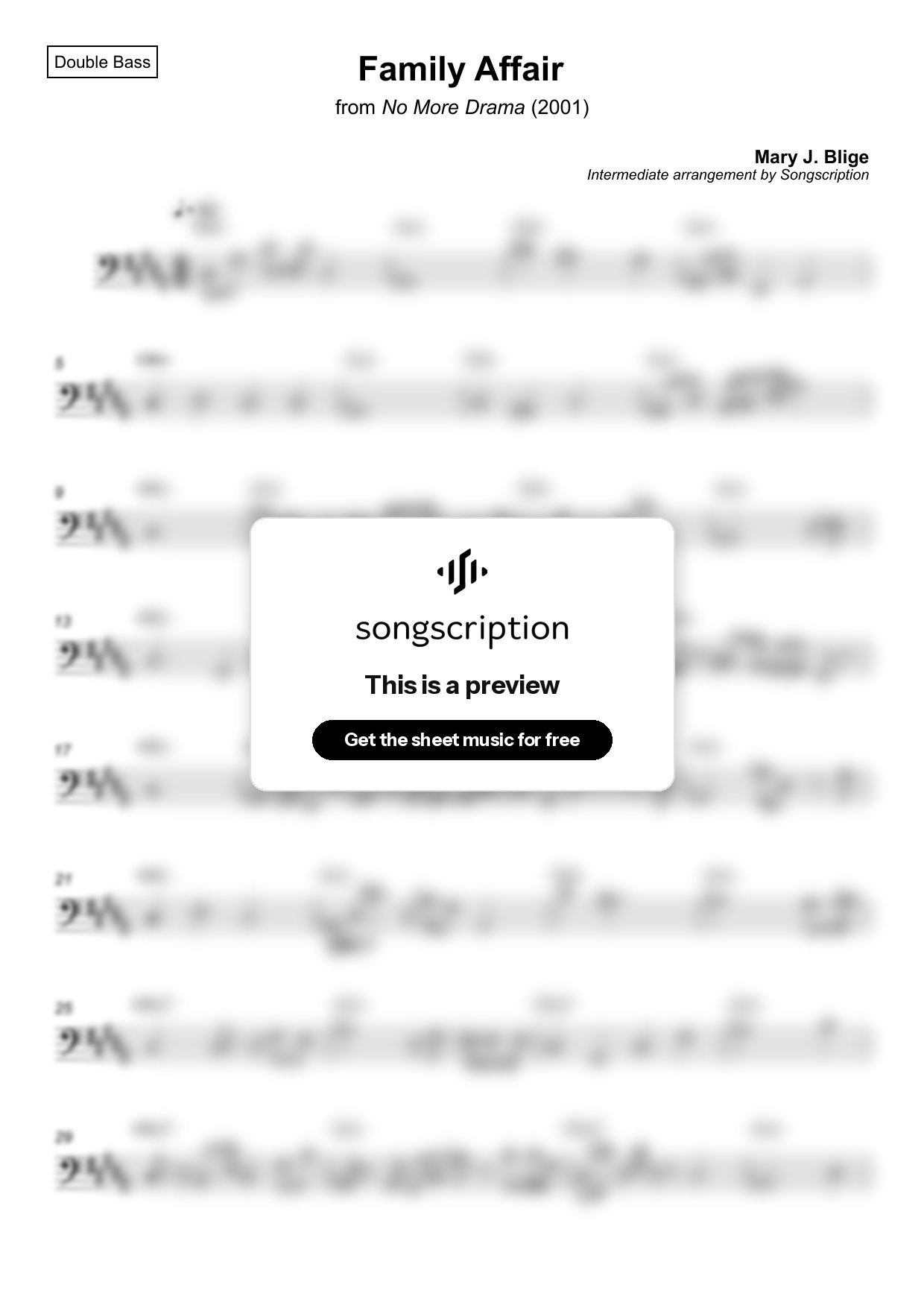 Intermediate Double Bass Sheet Music for "Family Affair" by Mary J. Blige
