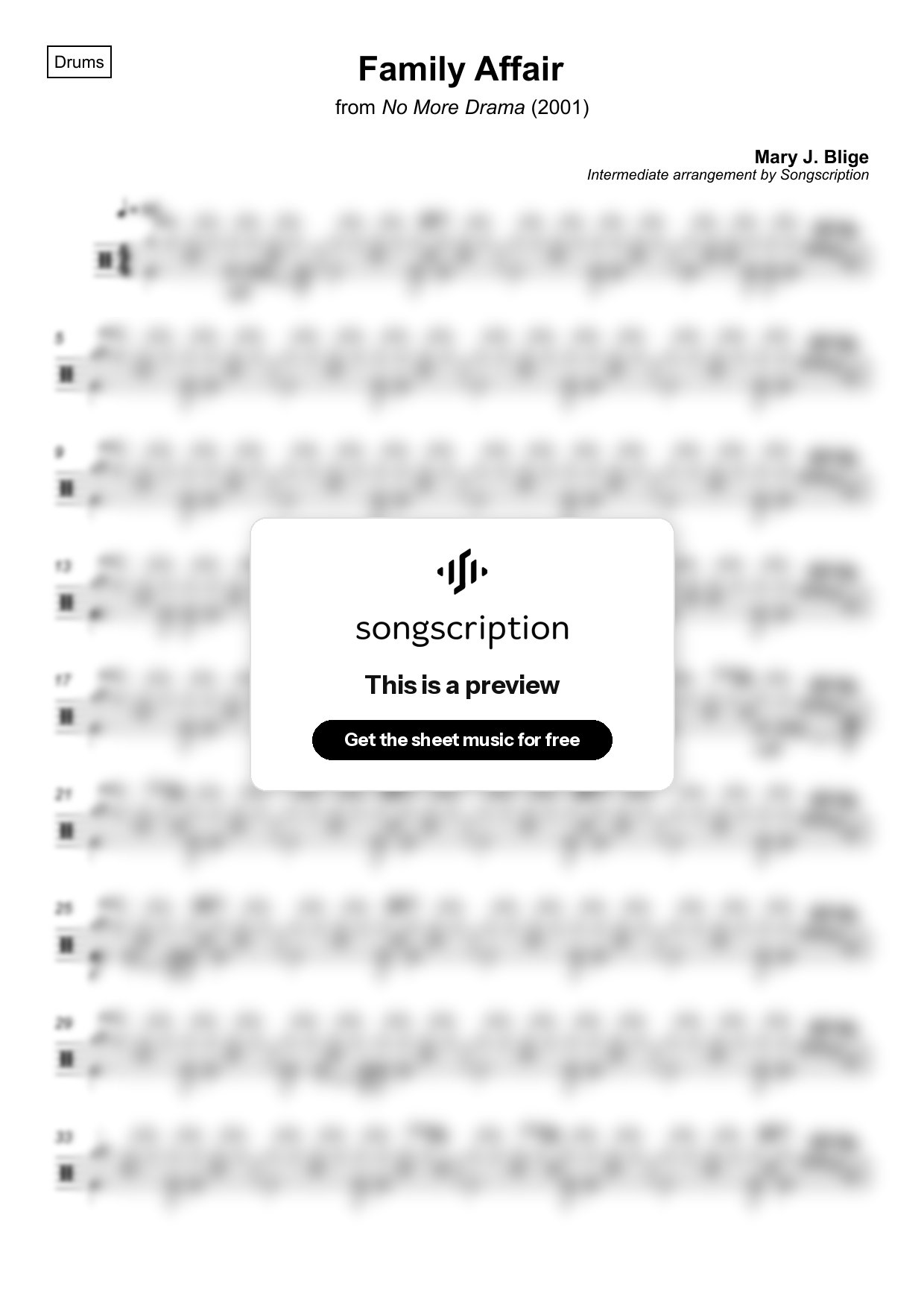 Intermediate Drums Sheet Music for "Family Affair" by Mary J. Blige