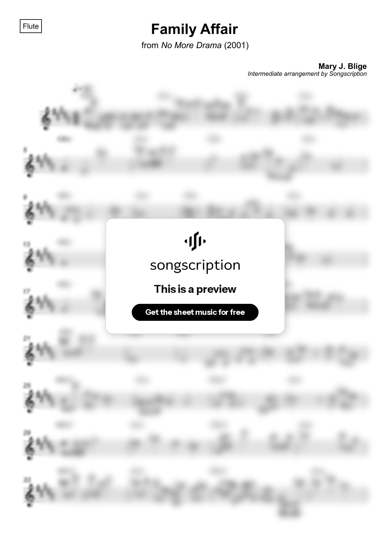 Intermediate Flute Sheet Music for "Family Affair" by Mary J. Blige
