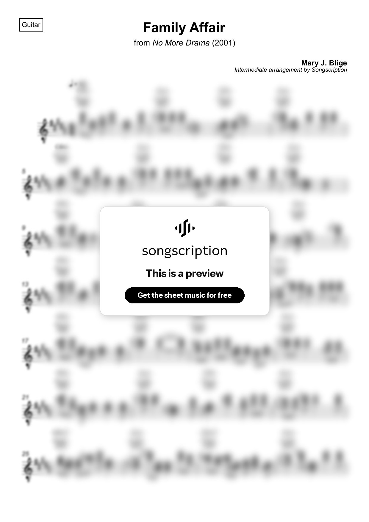 Intermediate Acoustic Guitar Sheet Music for "Family Affair" by Mary J. Blige