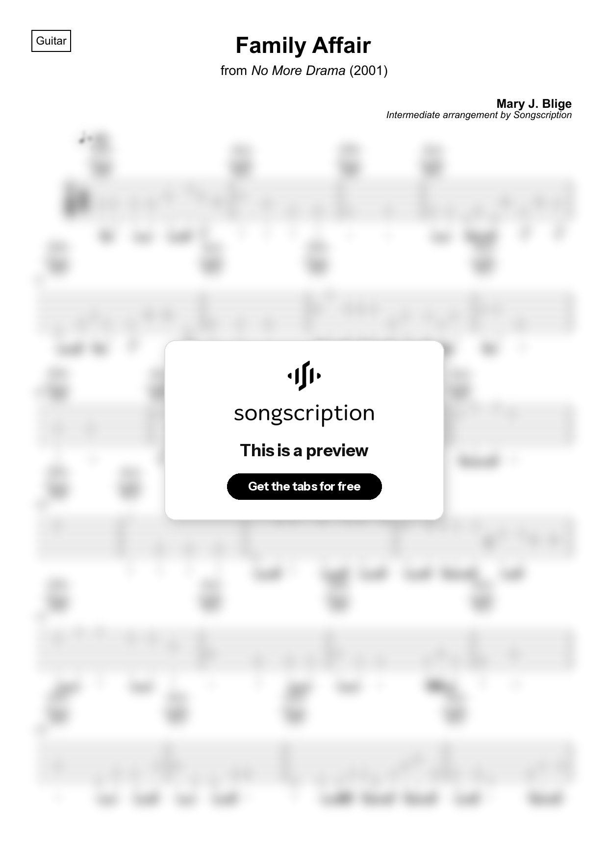 Intermediate Acoustic Guitar Tabs for "Family Affair" by Mary J. Blige