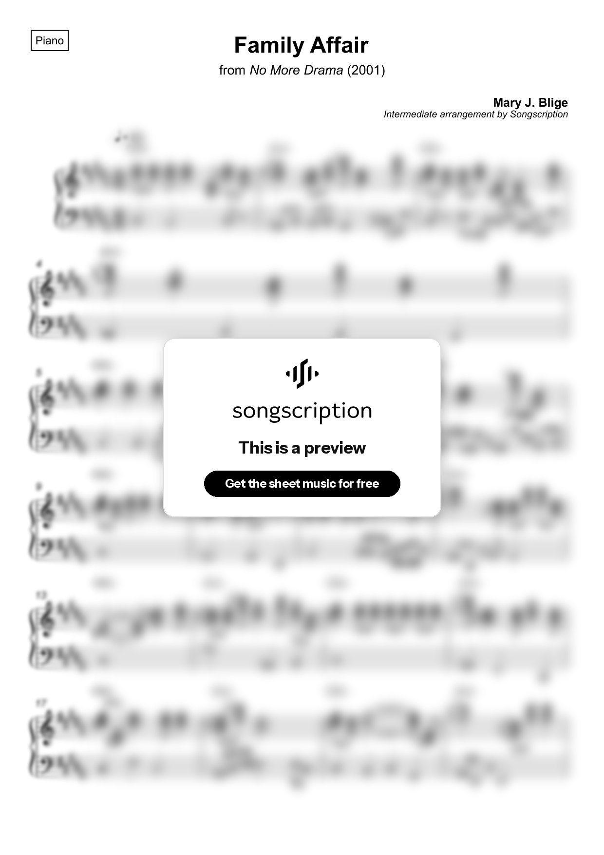 Intermediate Piano Sheet Music for "Family Affair" by Mary J. Blige