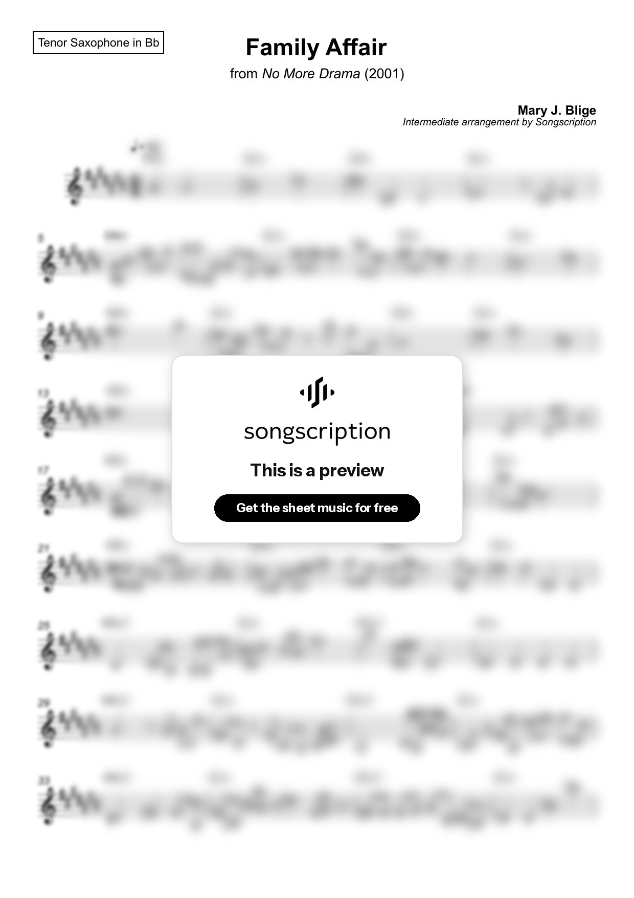 Intermediate Tenor Sax Sheet Music for "Family Affair" by Mary J. Blige