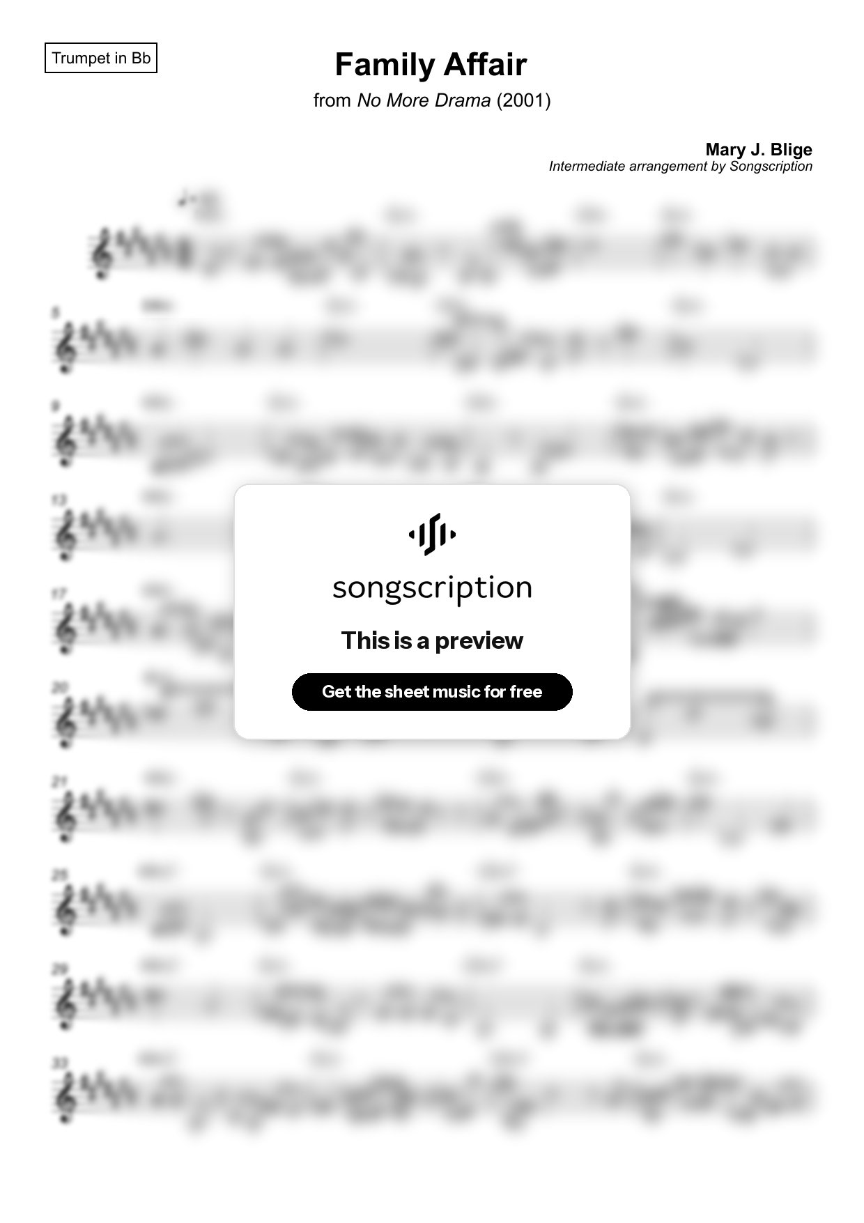 Intermediate Trumpet Sheet Music for "Family Affair" by Mary J. Blige