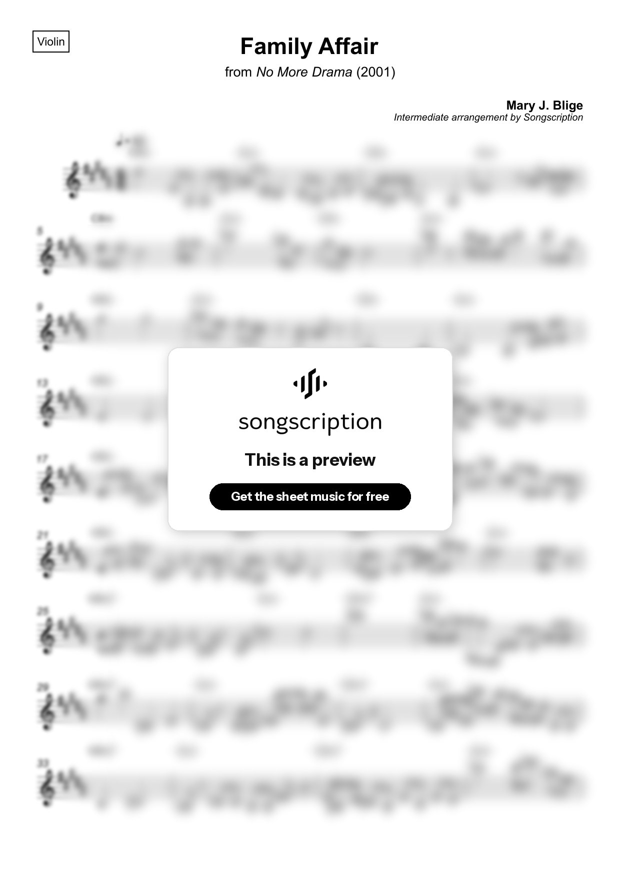 Intermediate Violin Sheet Music for "Family Affair" by Mary J. Blige