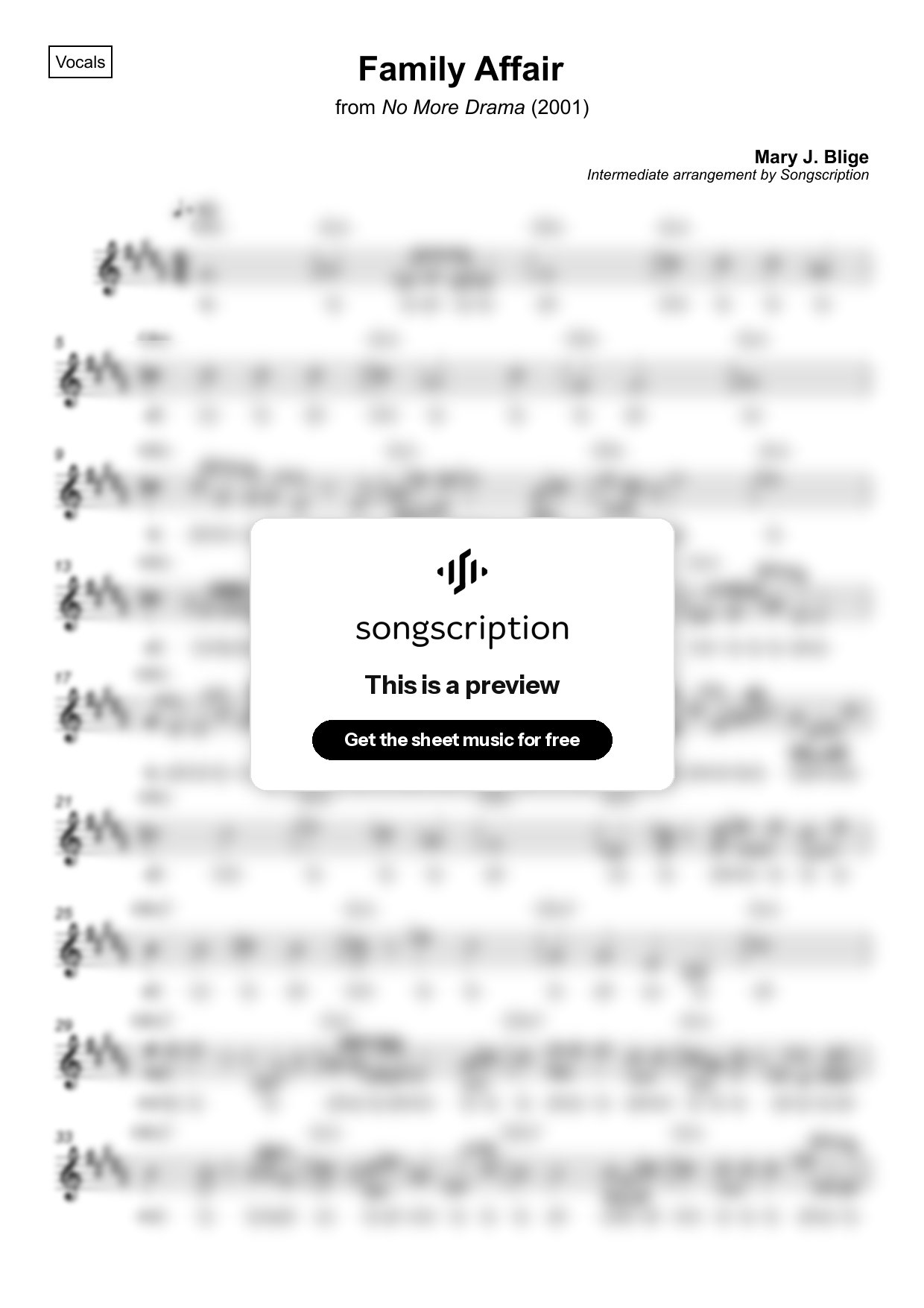 Intermediate Vocals Sheet Music for "Family Affair" by Mary J. Blige