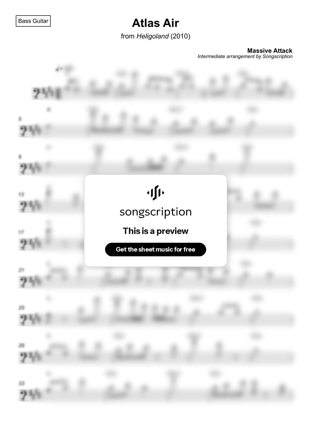Intermediate Bass Guitar Sheet Music for "Atlas Air" by Massive Attack