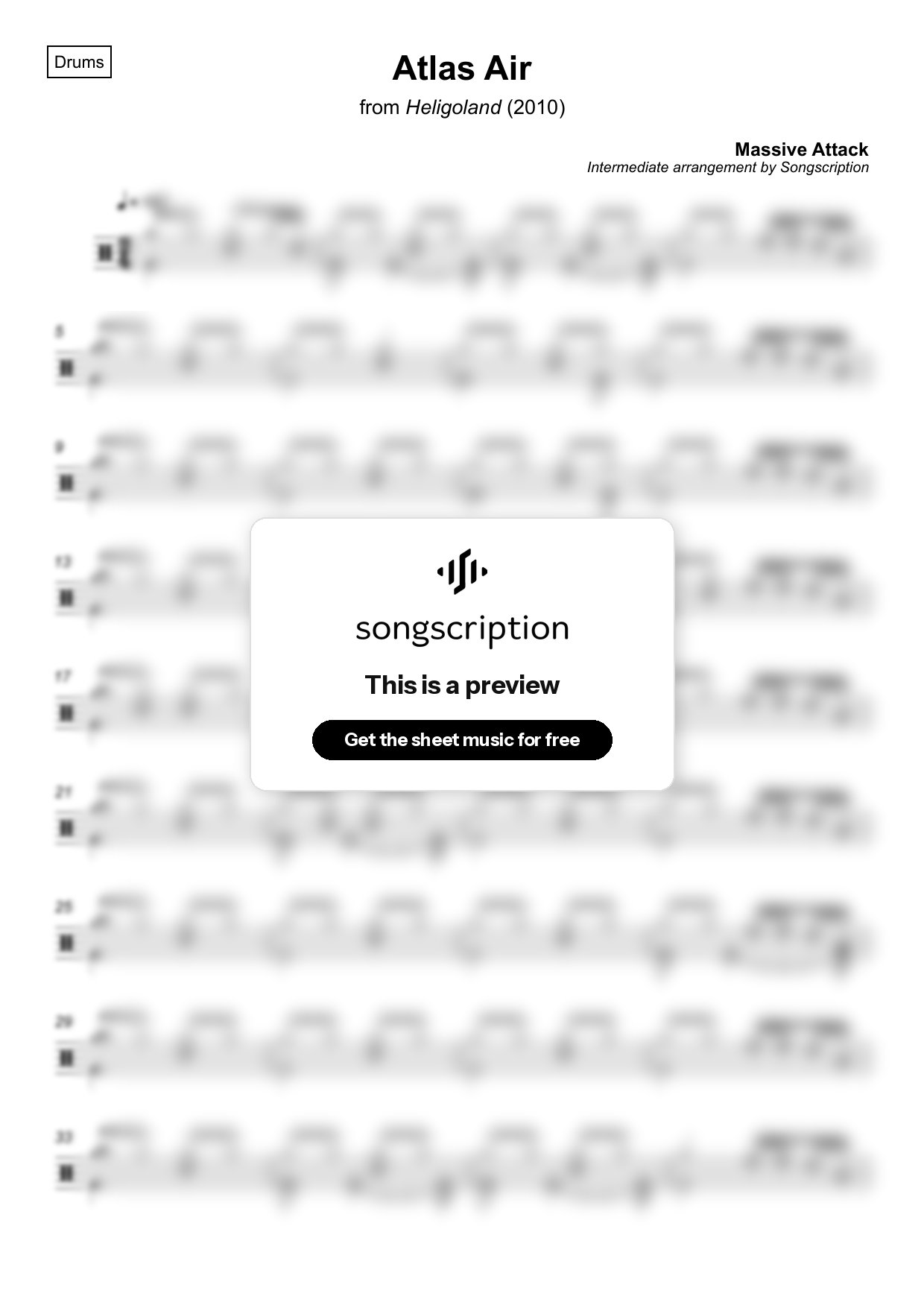 Intermediate Drums Sheet Music for "Atlas Air" by Massive Attack