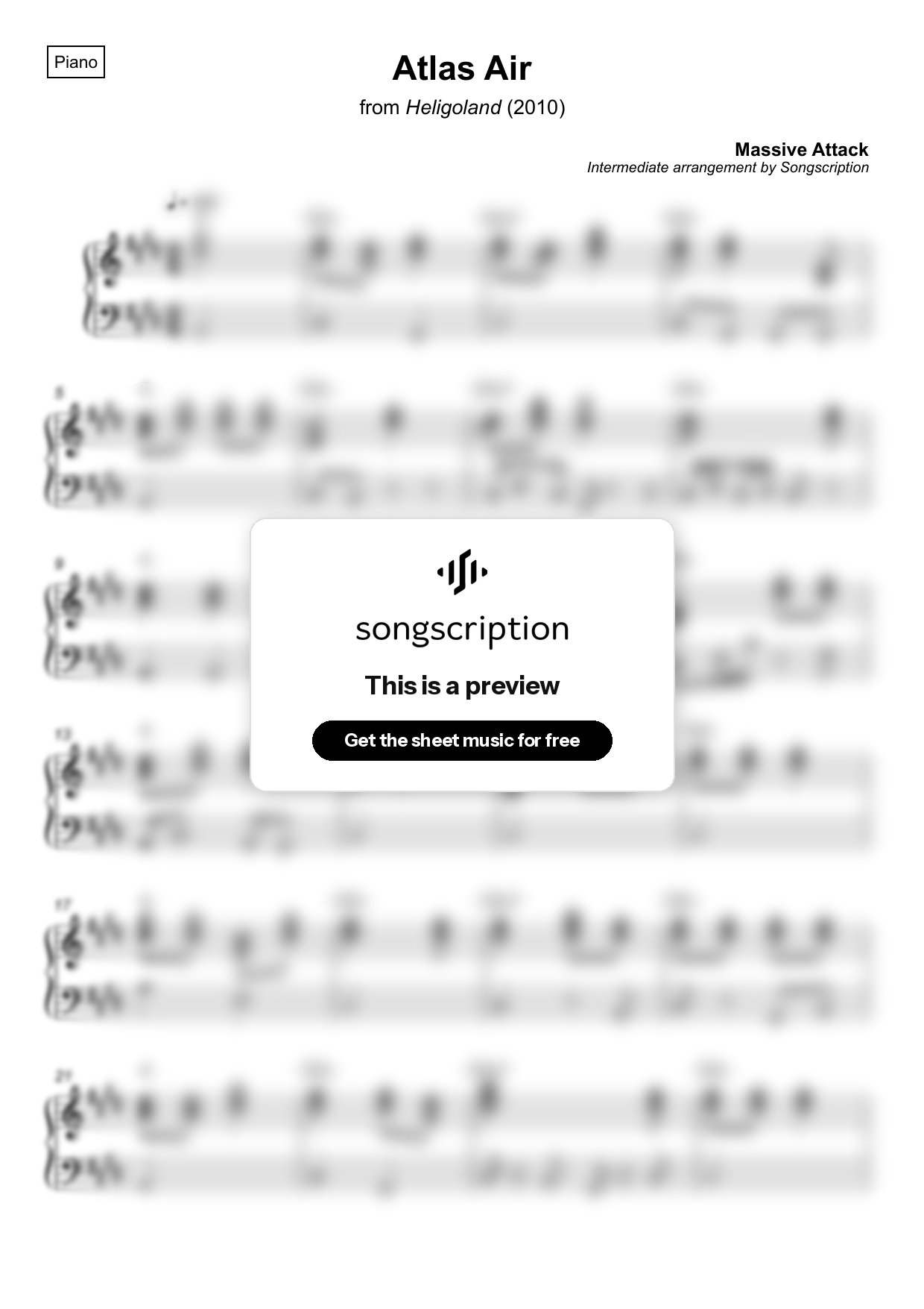 Intermediate Piano Sheet Music for "Atlas Air" by Massive Attack