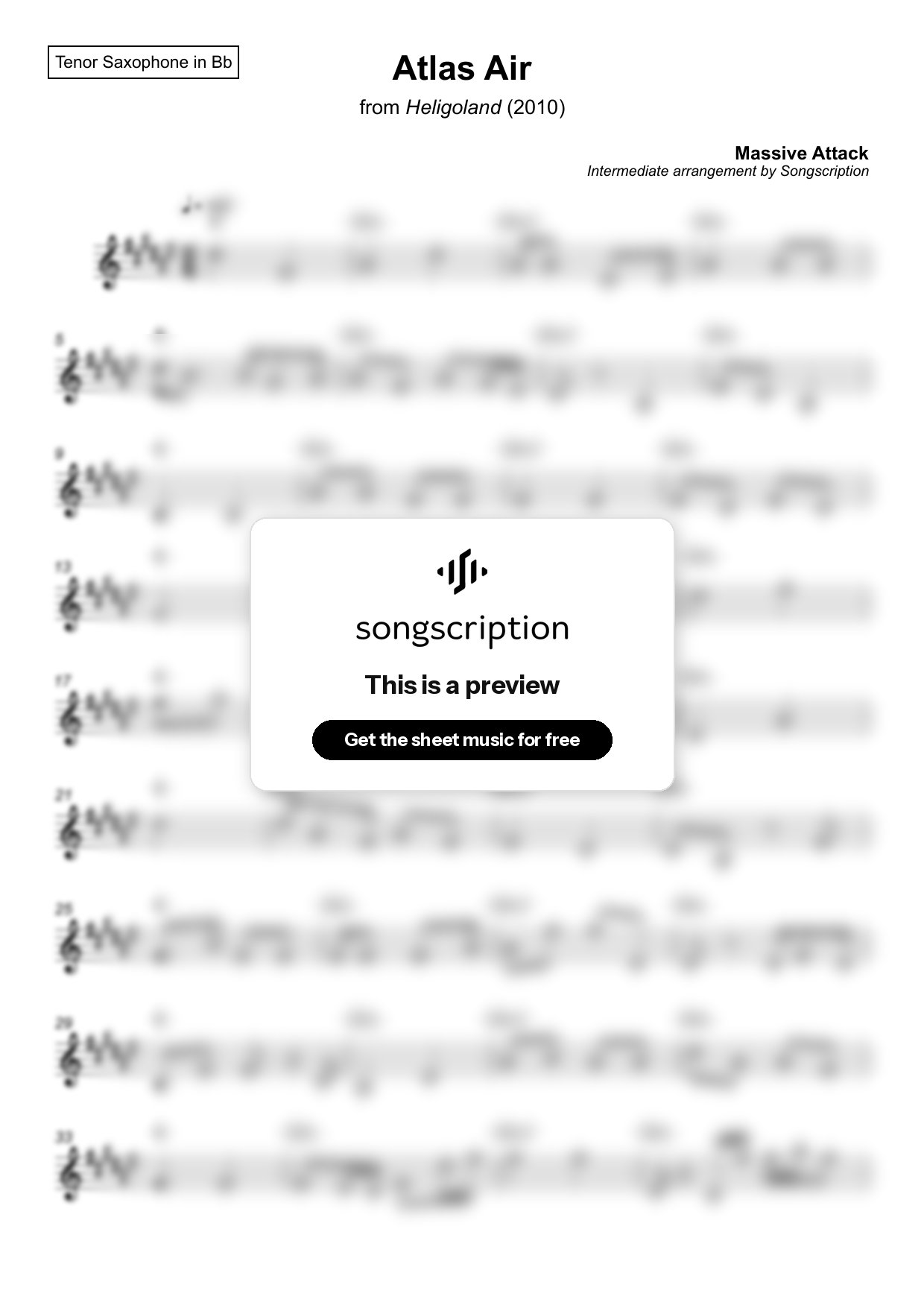 Intermediate Tenor Sax Sheet Music for "Atlas Air" by Massive Attack