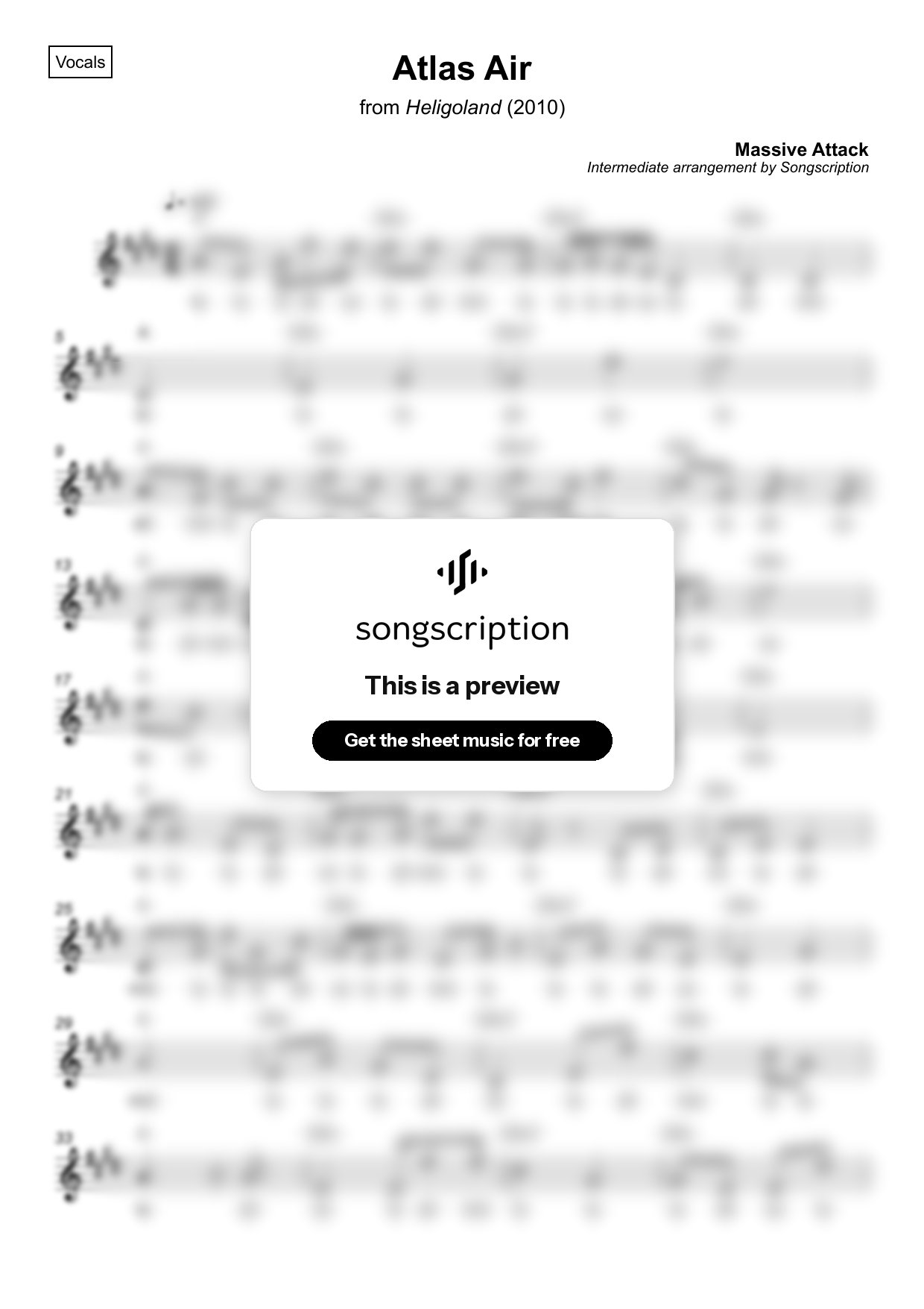 Intermediate Vocals Sheet Music for "Atlas Air" by Massive Attack