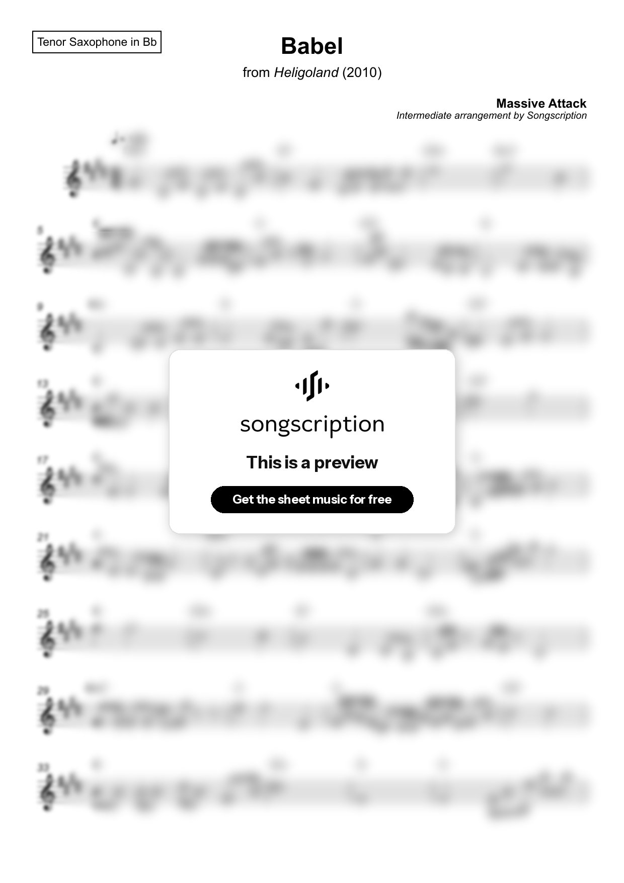 Intermediate Tenor Sax Sheet Music for "Babel" by Massive Attack