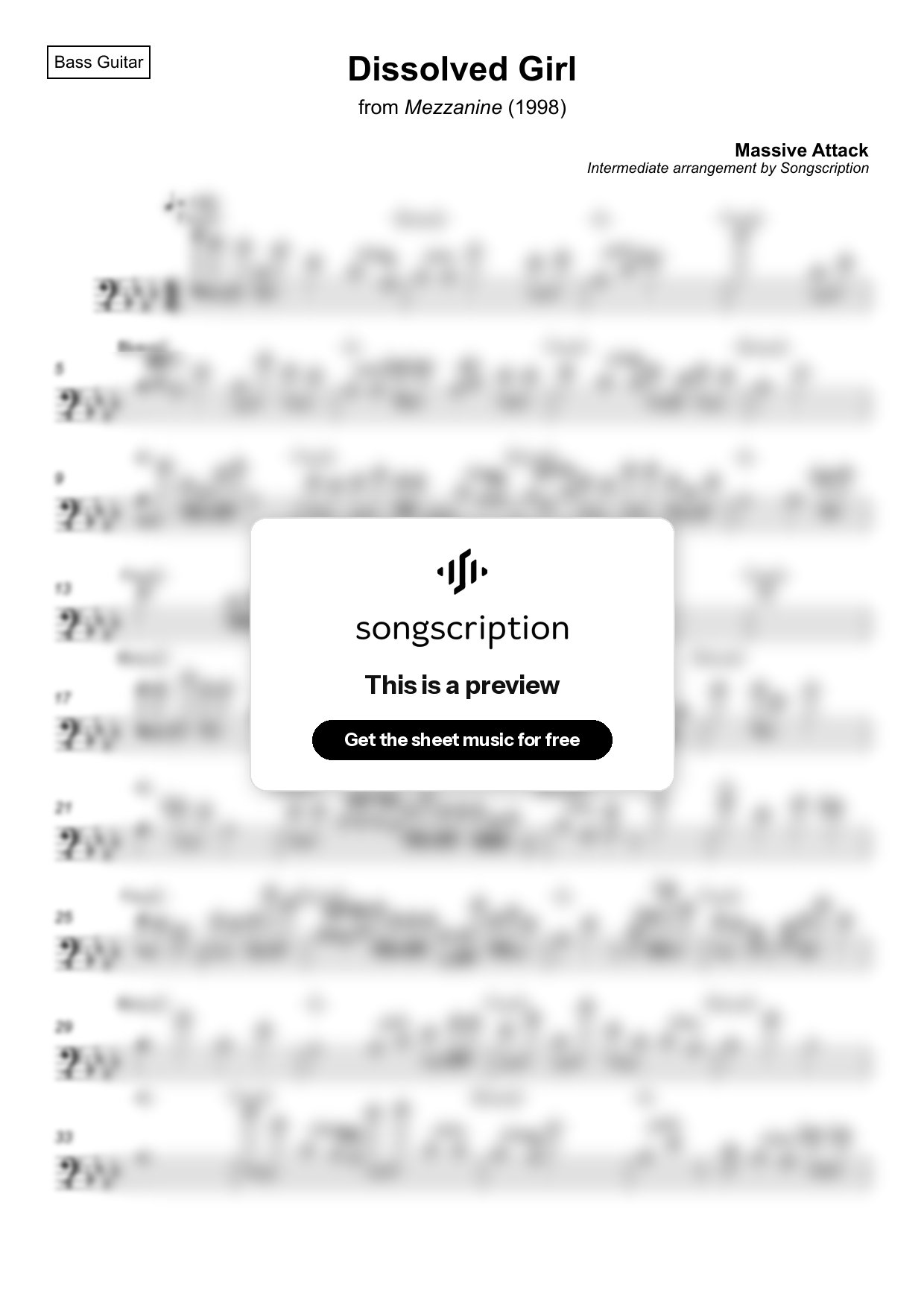 Intermediate Bass Guitar Sheet Music for "Dissolved Girl" by Massive Attack