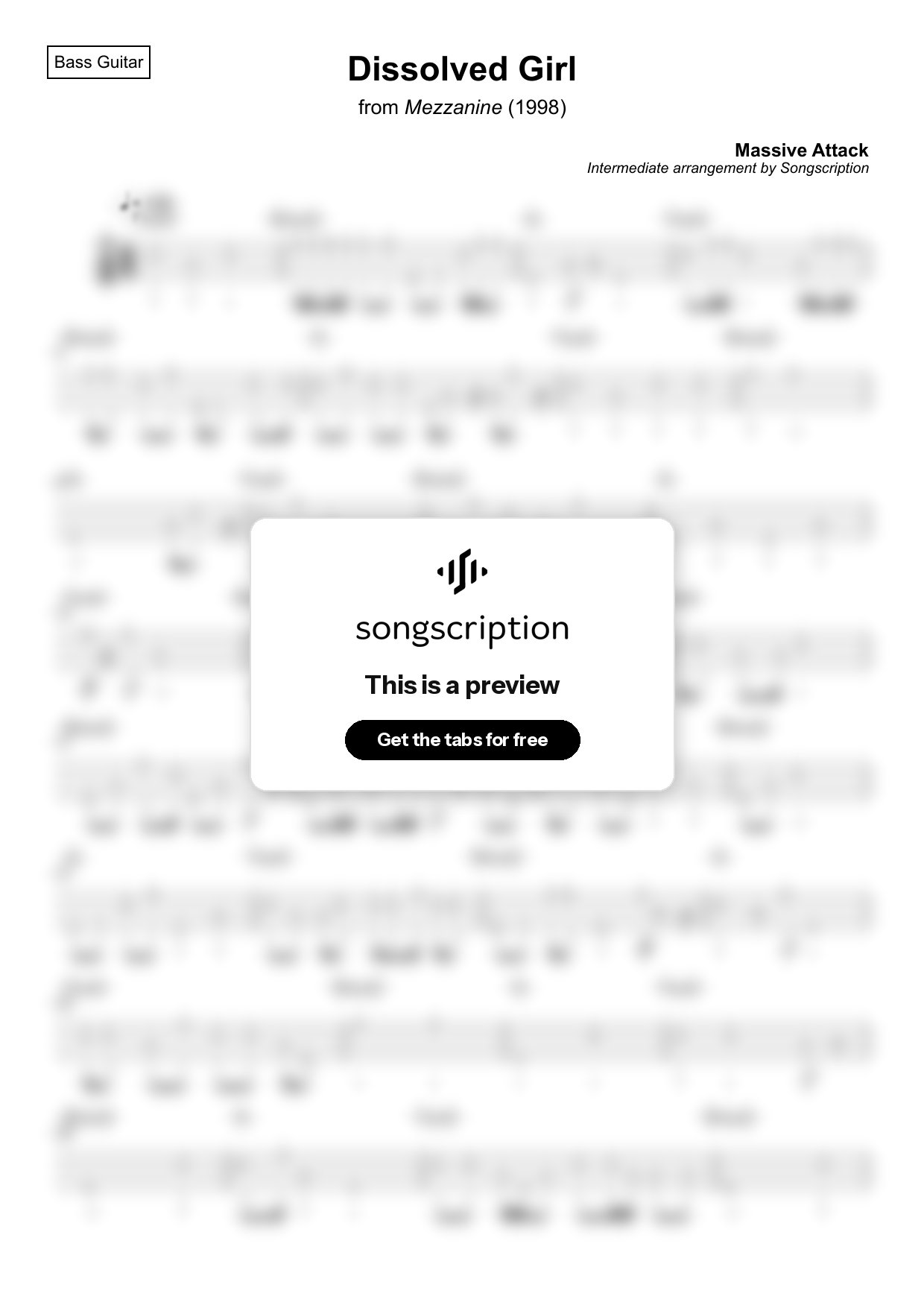 Intermediate Bass Guitar Tabs for "Dissolved Girl" by Massive Attack