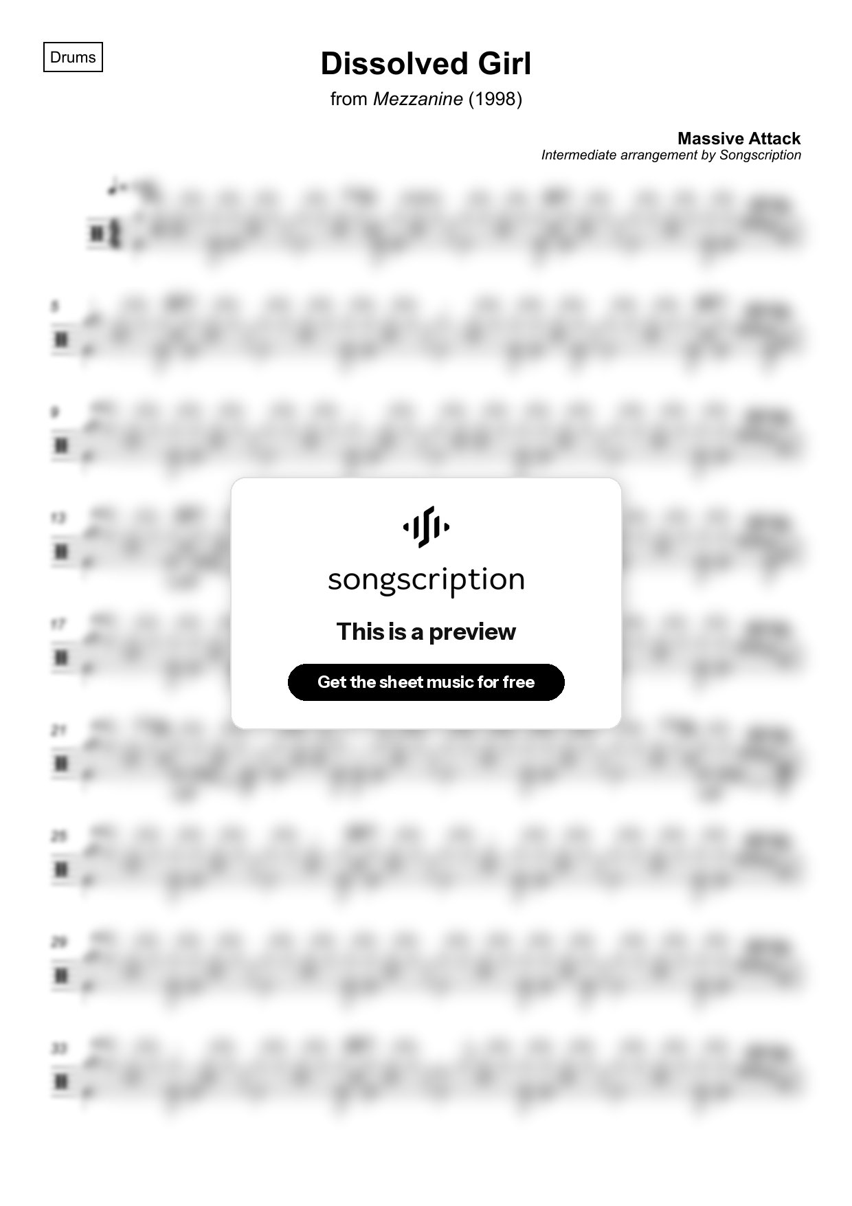Intermediate Drums Sheet Music for "Dissolved Girl" by Massive Attack