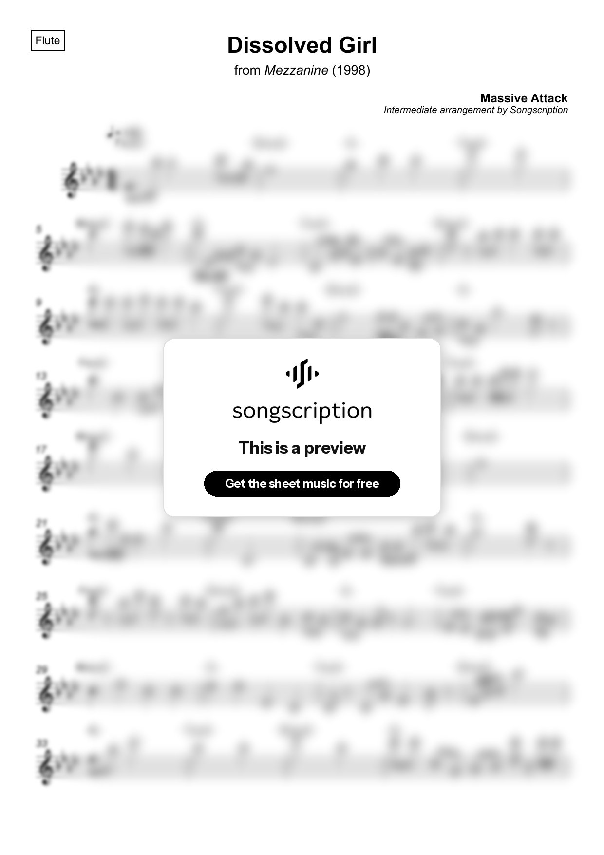 Intermediate Flute Sheet Music for "Dissolved Girl" by Massive Attack