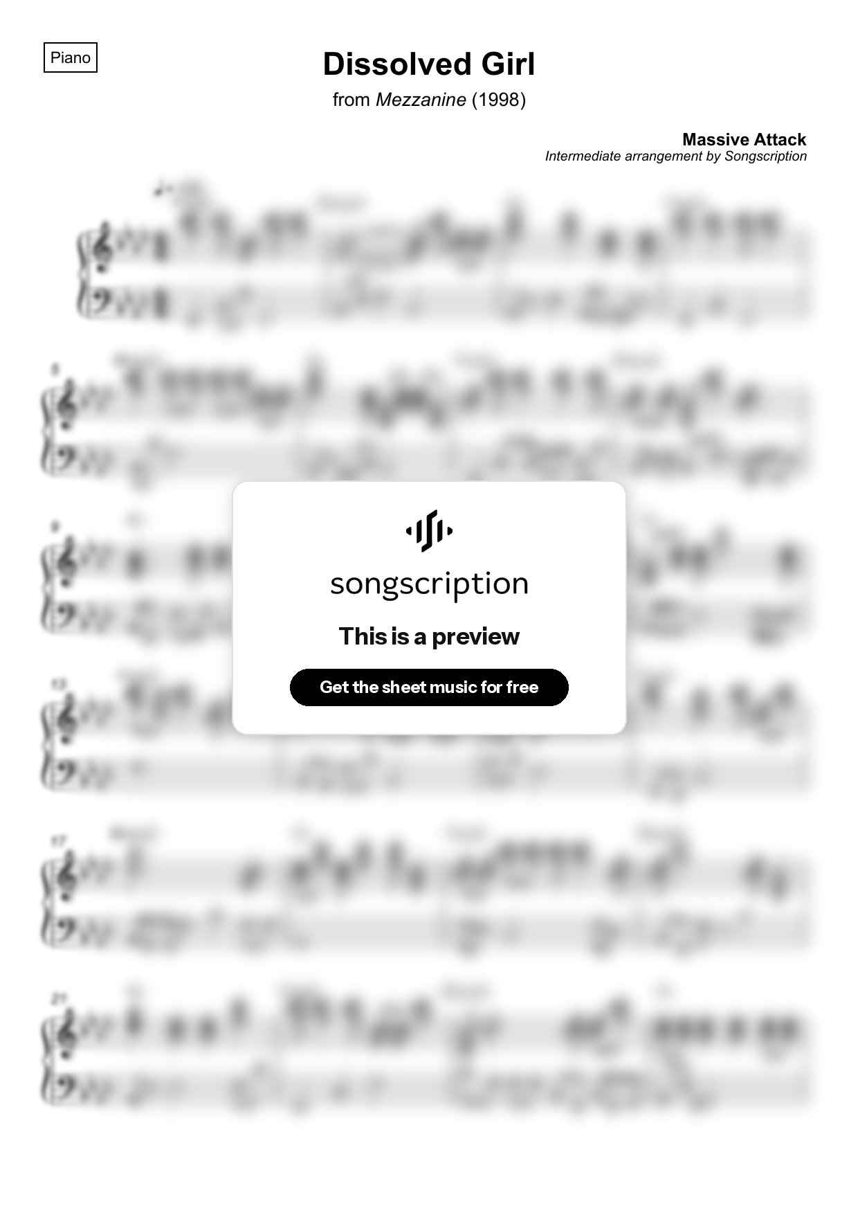 Intermediate Piano Sheet Music for "Dissolved Girl" by Massive Attack