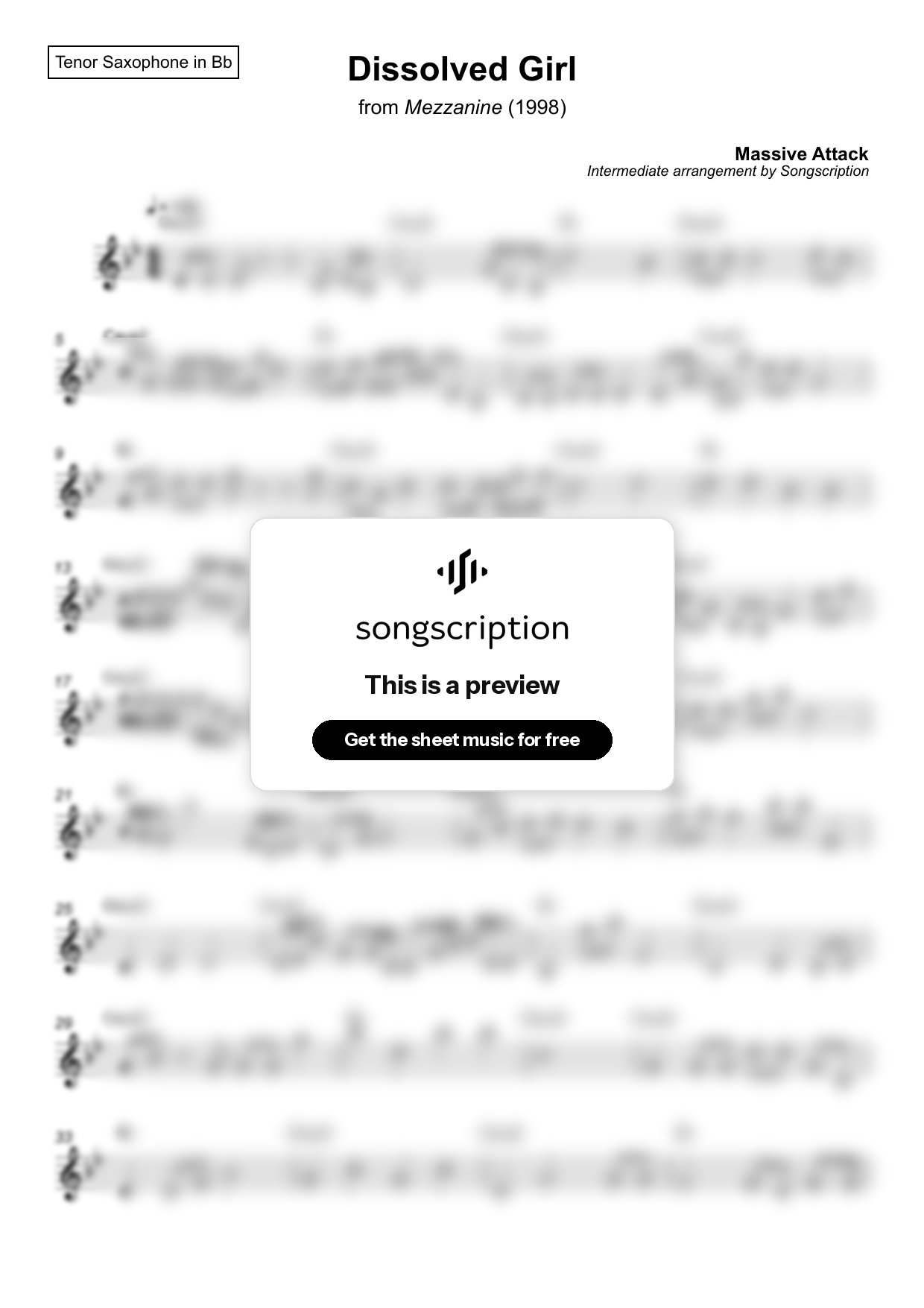 Intermediate Tenor Sax Sheet Music for "Dissolved Girl" by Massive Attack