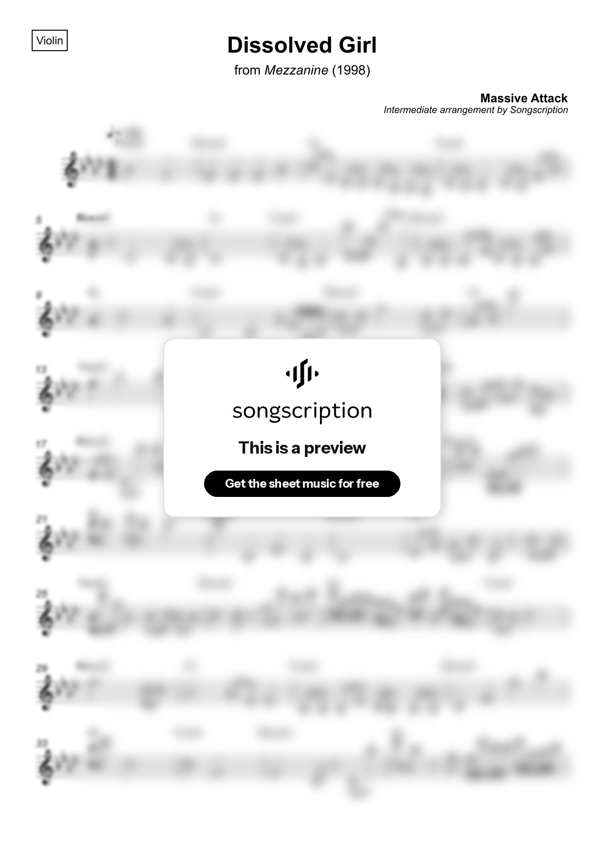 Intermediate Violin Sheet Music for "Dissolved Girl" by Massive Attack