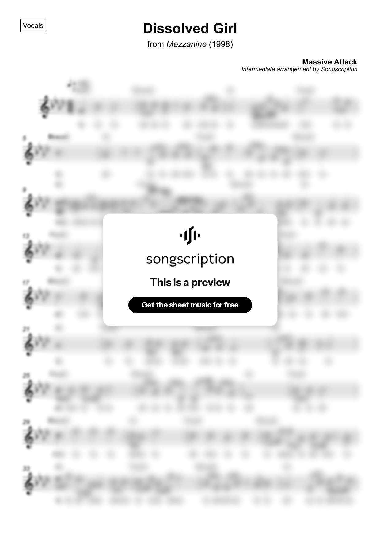 Intermediate Vocals Sheet Music for "Dissolved Girl" by Massive Attack