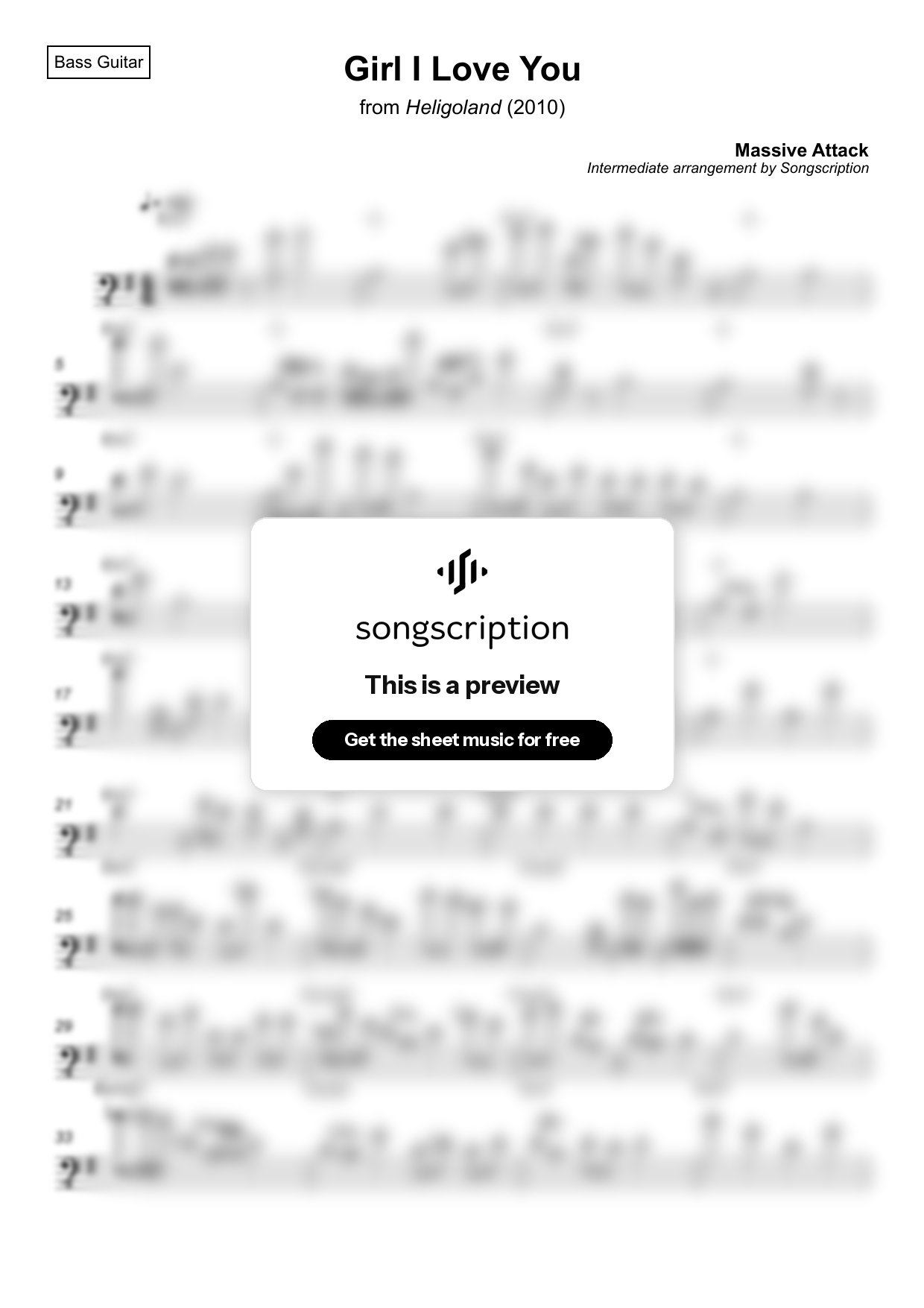 Intermediate Bass Guitar Sheet Music for "Girl I Love You" by Massive Attack