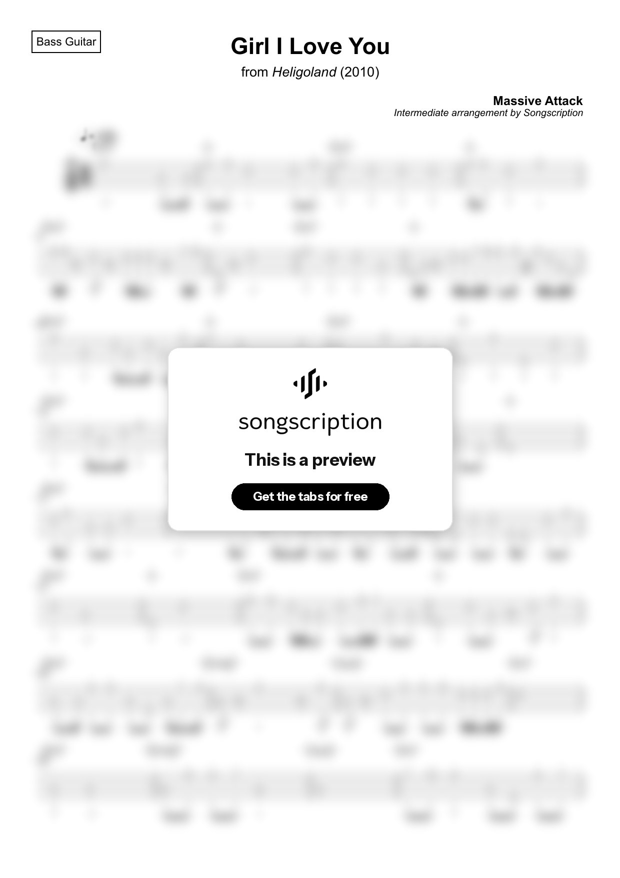 Intermediate Bass Guitar Tabs for "Girl I Love You" by Massive Attack