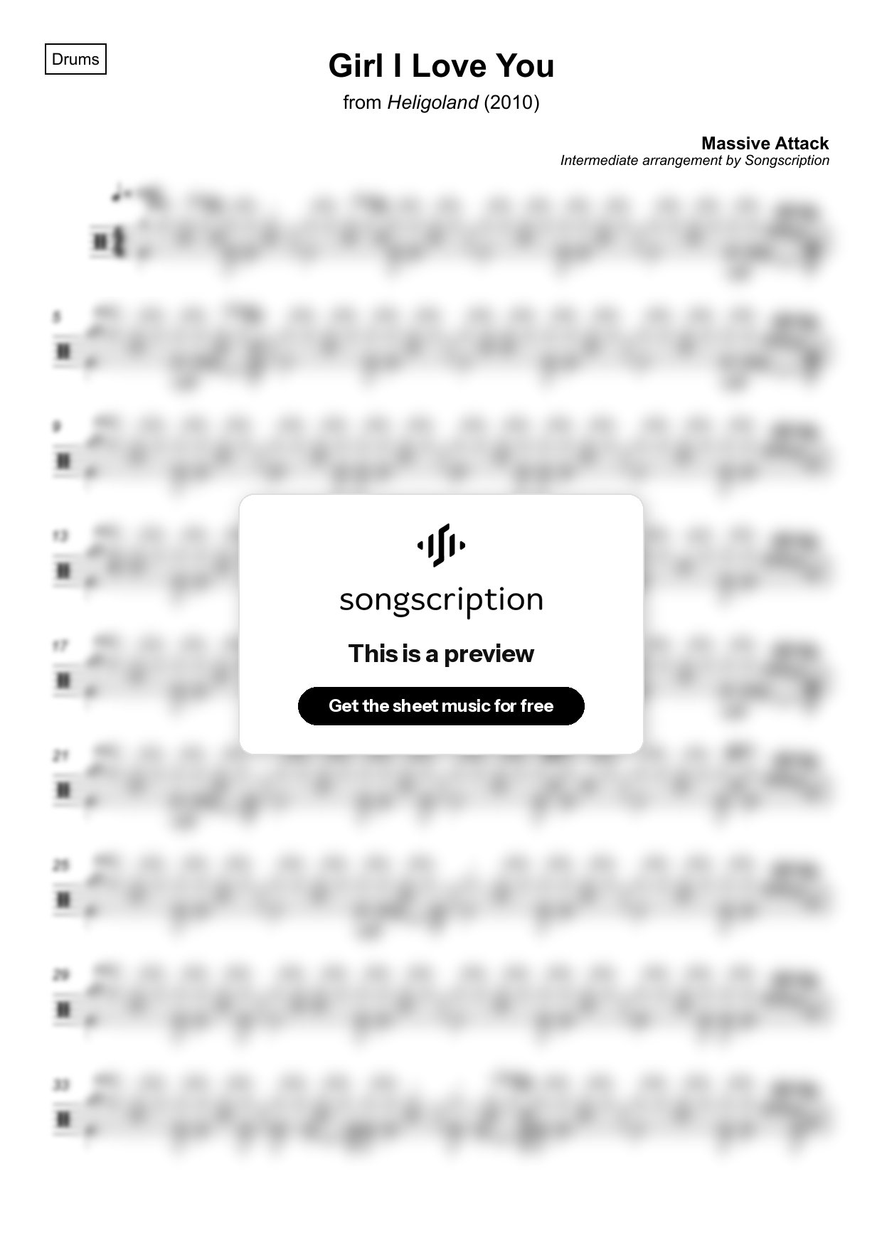 Intermediate Drums Sheet Music for "Girl I Love You" by Massive Attack