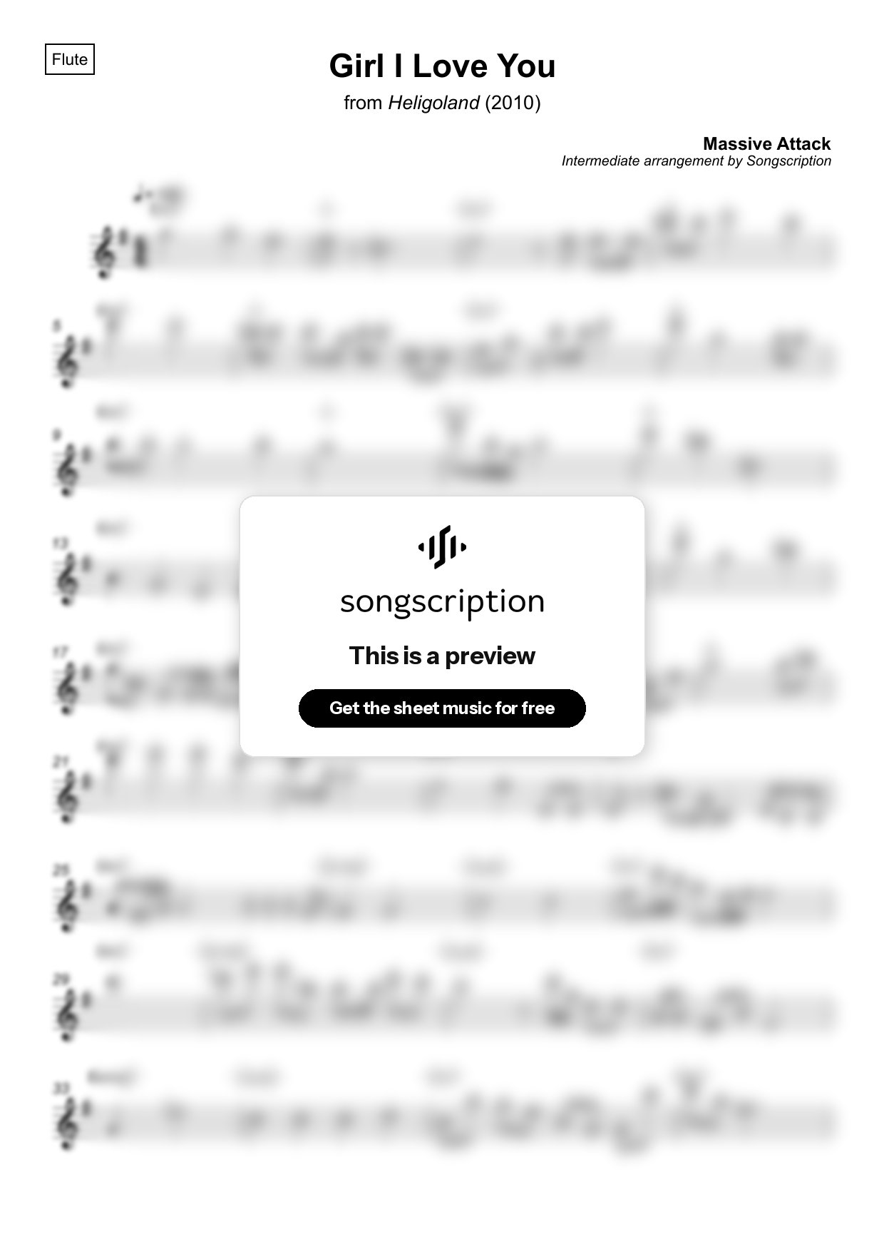 Intermediate Flute Sheet Music for "Girl I Love You" by Massive Attack