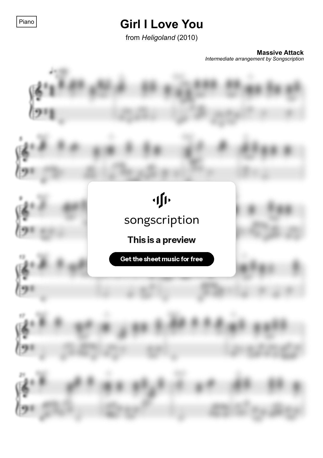 Intermediate Piano Sheet Music for "Girl I Love You" by Massive Attack