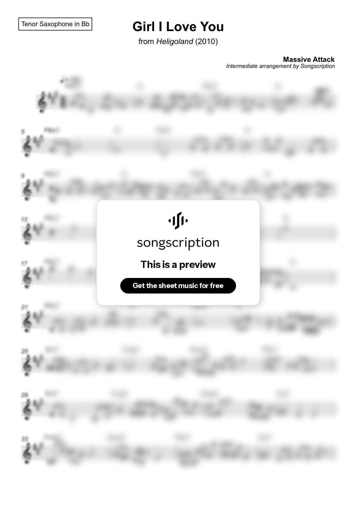 Intermediate Tenor Sax Sheet Music for "Girl I Love You" by Massive Attack