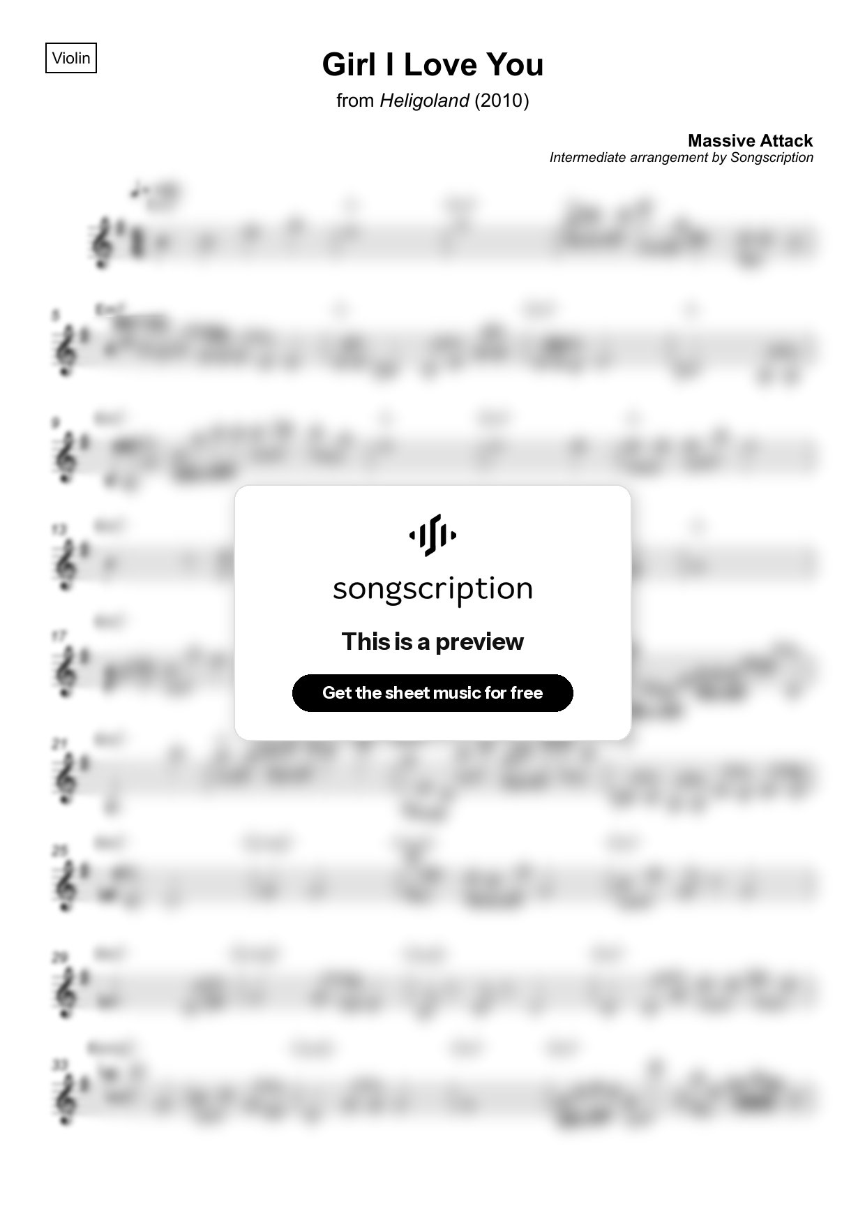 Intermediate Violin Sheet Music for "Girl I Love You" by Massive Attack