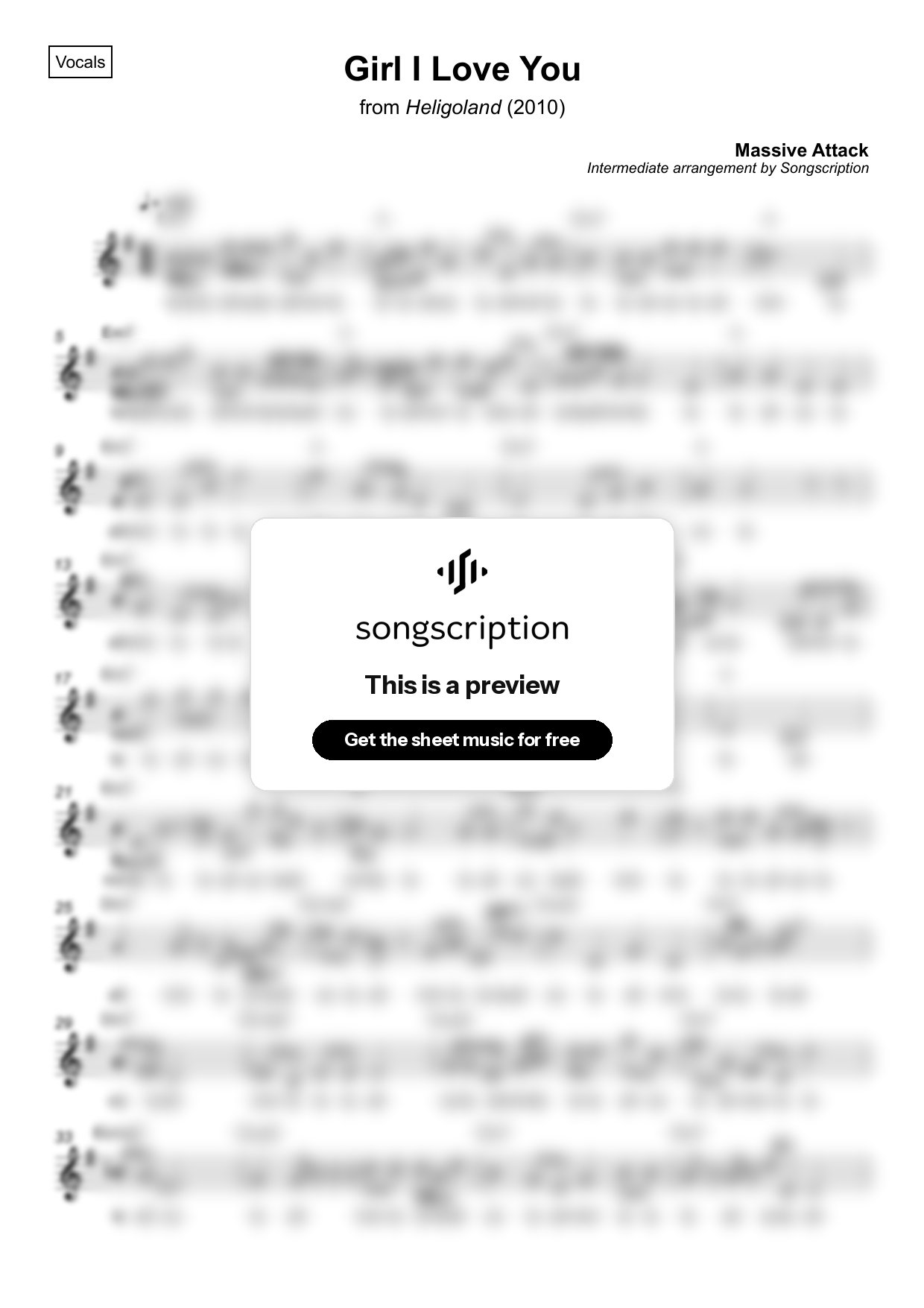 Intermediate Vocals Sheet Music for "Girl I Love You" by Massive Attack