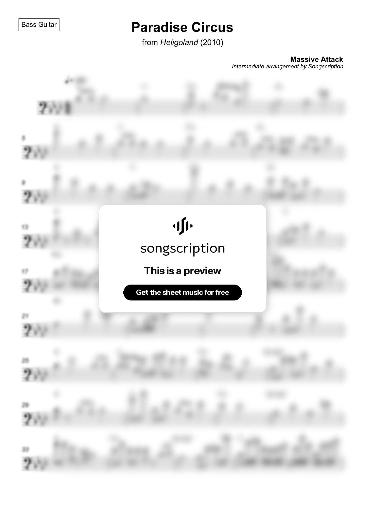 Intermediate Bass Guitar Sheet Music for "Paradise Circus" by Massive Attack