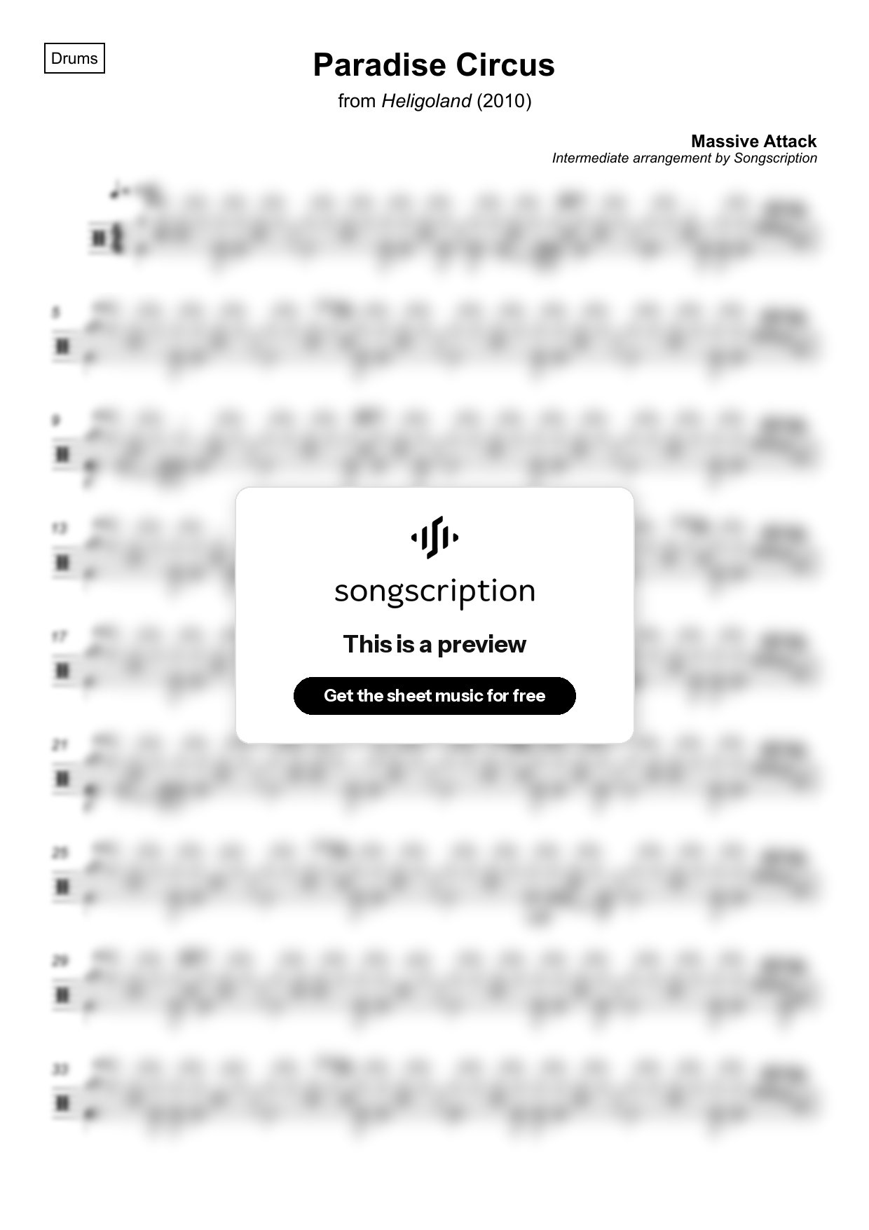 Intermediate Drums Sheet Music for "Paradise Circus" by Massive Attack