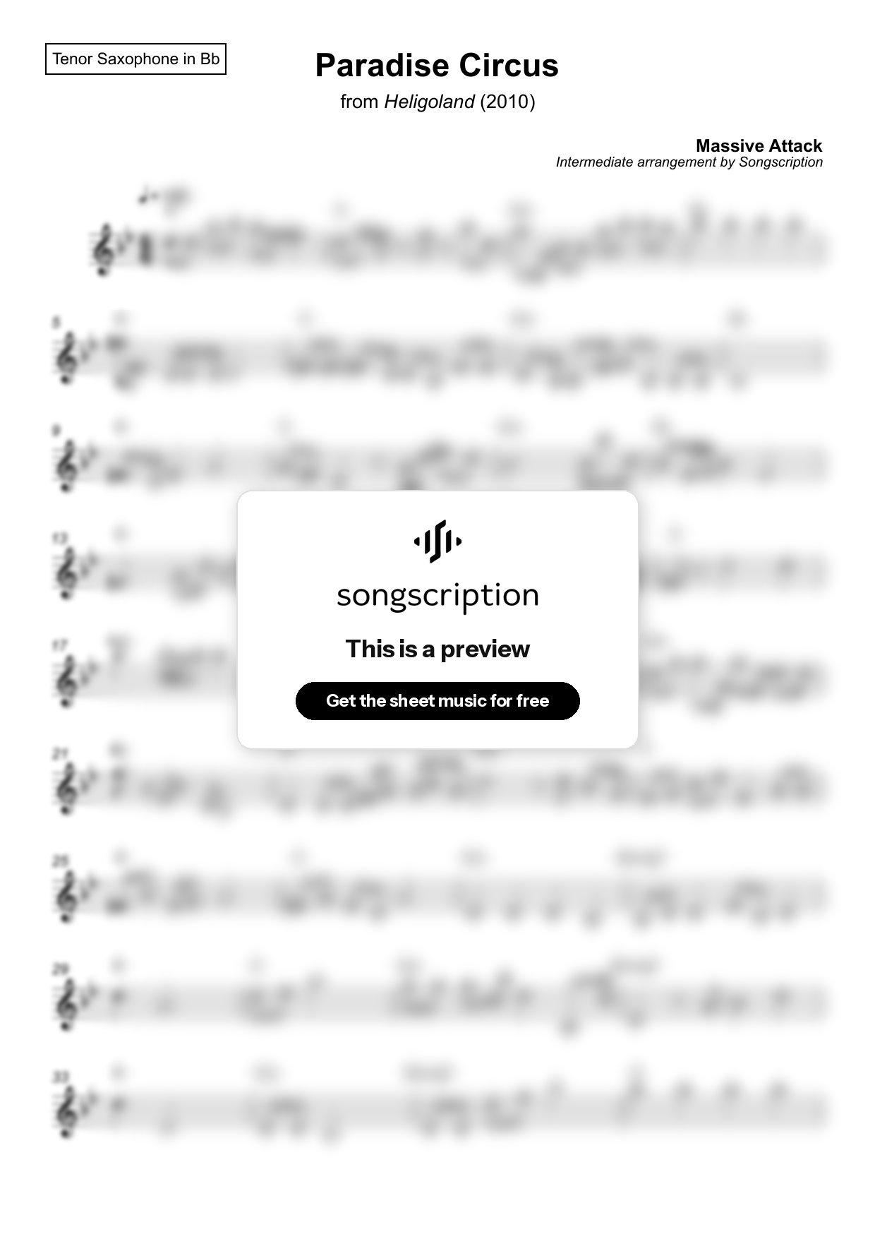 Intermediate Tenor Sax Sheet Music for "Paradise Circus" by Massive Attack