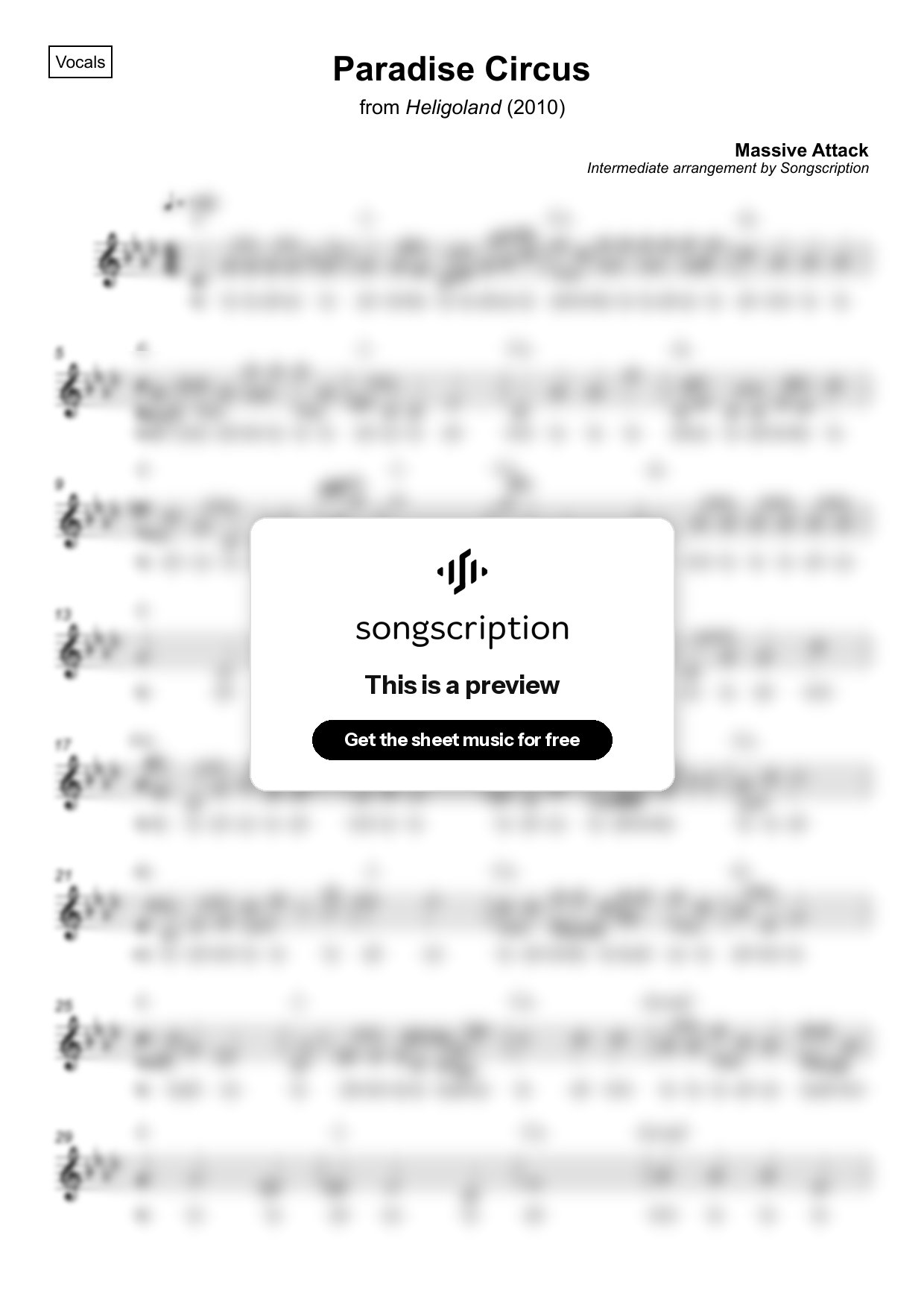 Intermediate Vocals Sheet Music for "Paradise Circus" by Massive Attack