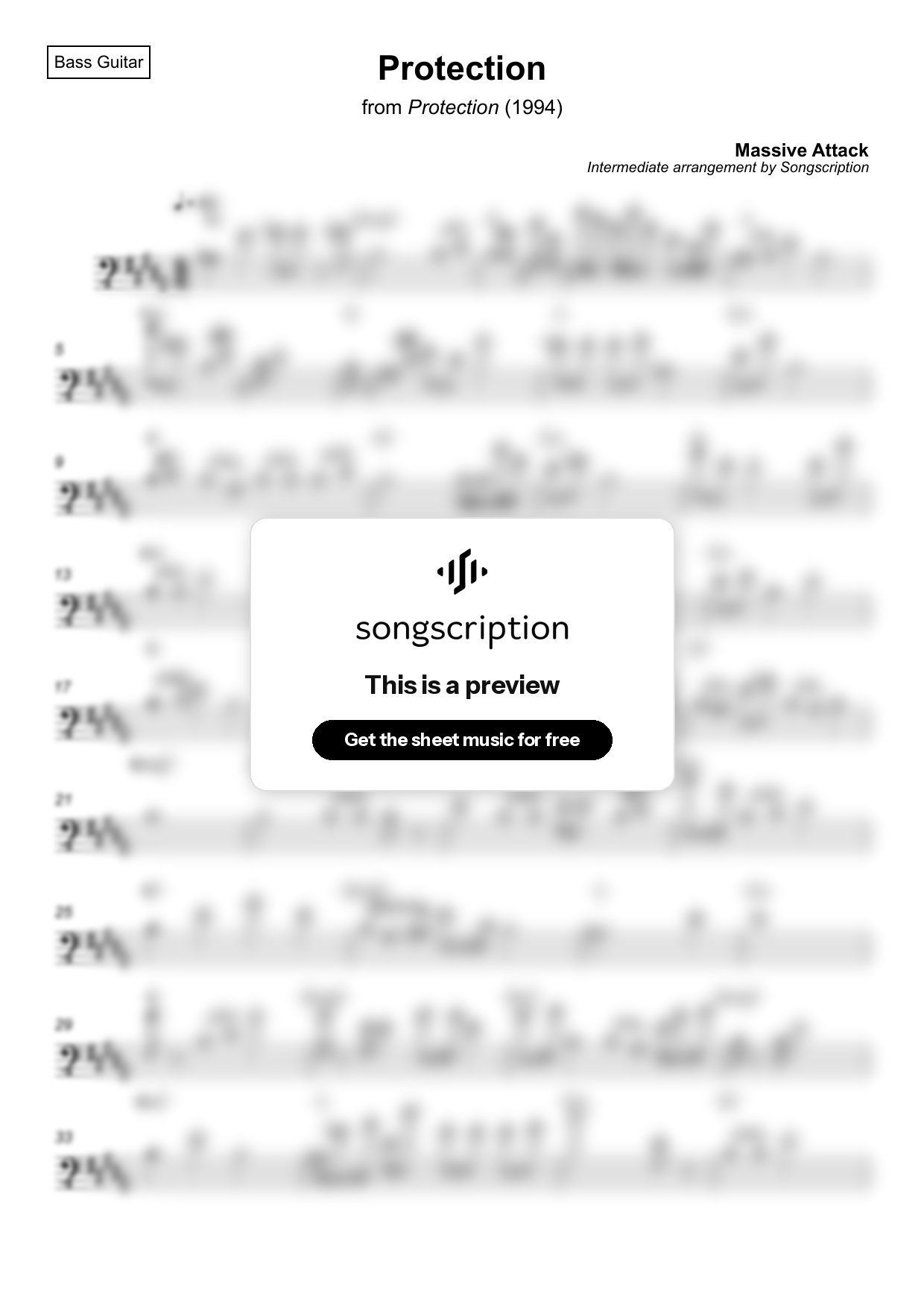 Intermediate Bass Guitar Sheet Music for "Protection" by Massive Attack