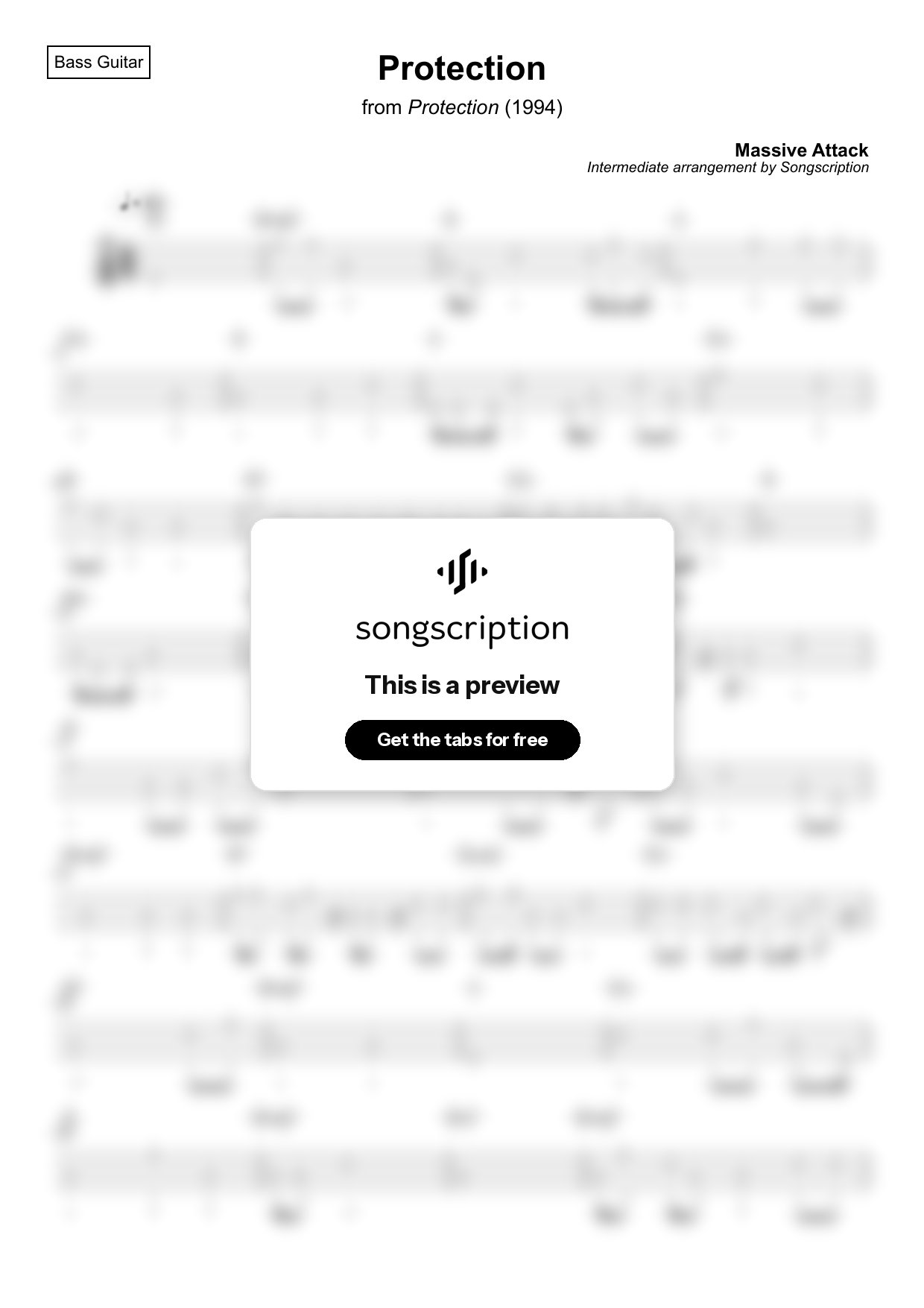 Intermediate Bass Guitar Tabs for "Protection" by Massive Attack