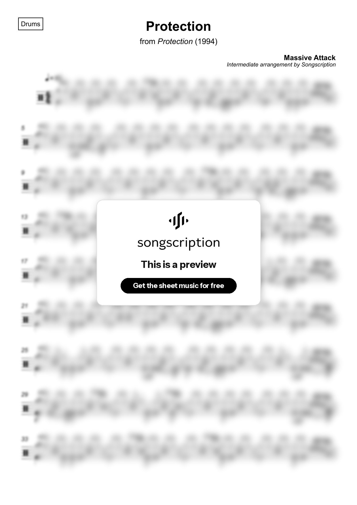 Intermediate Drums Sheet Music for "Protection" by Massive Attack