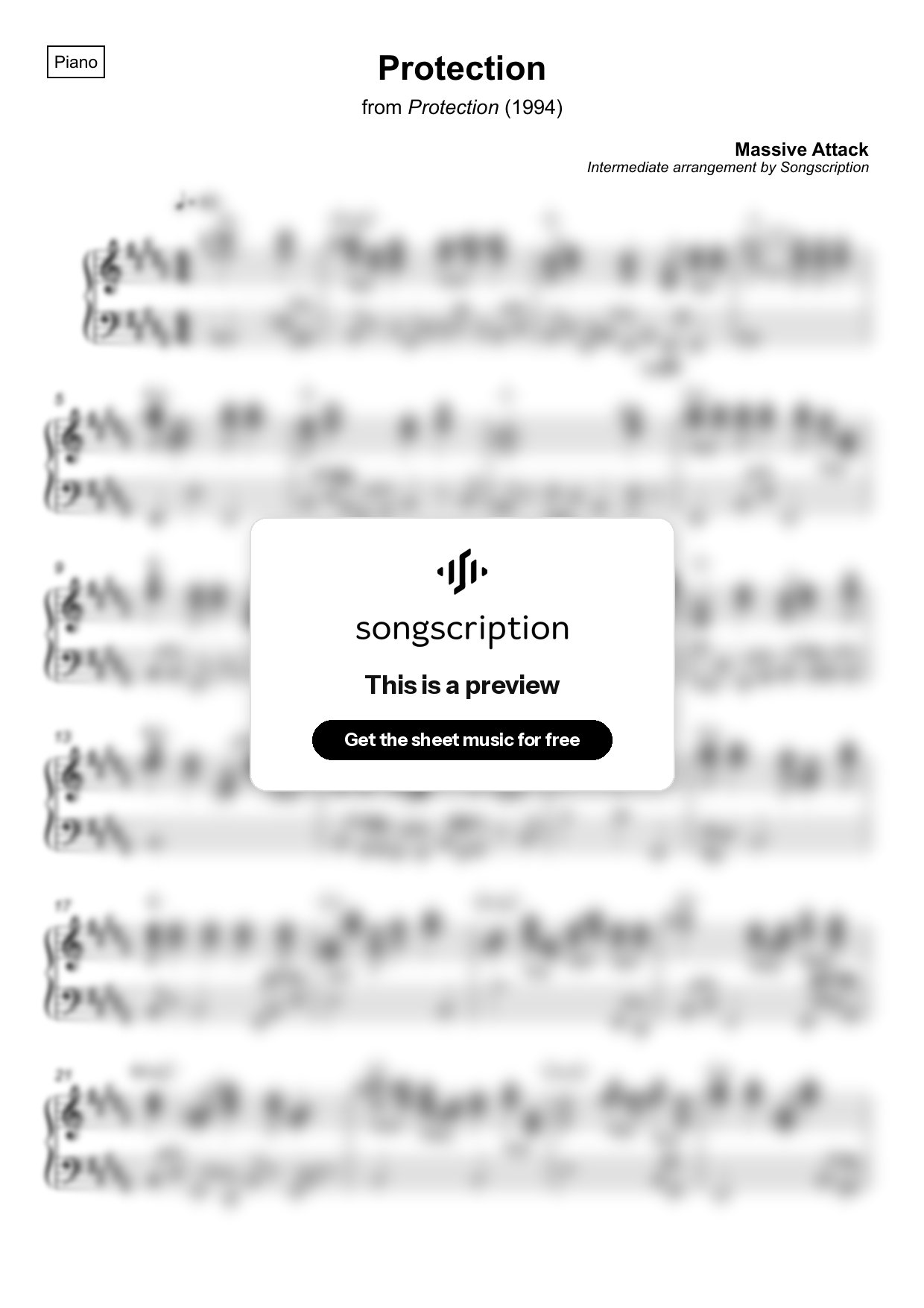 Intermediate Piano Sheet Music for "Protection" by Massive Attack