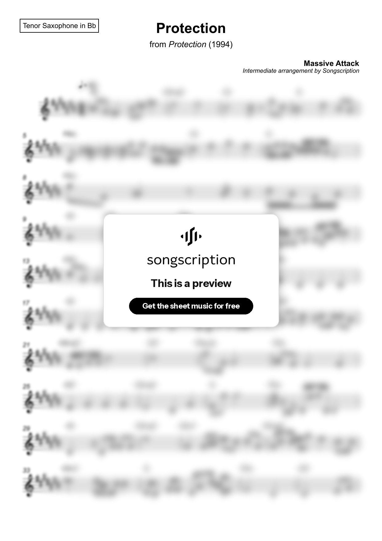 Intermediate Tenor Sax Sheet Music for "Protection" by Massive Attack