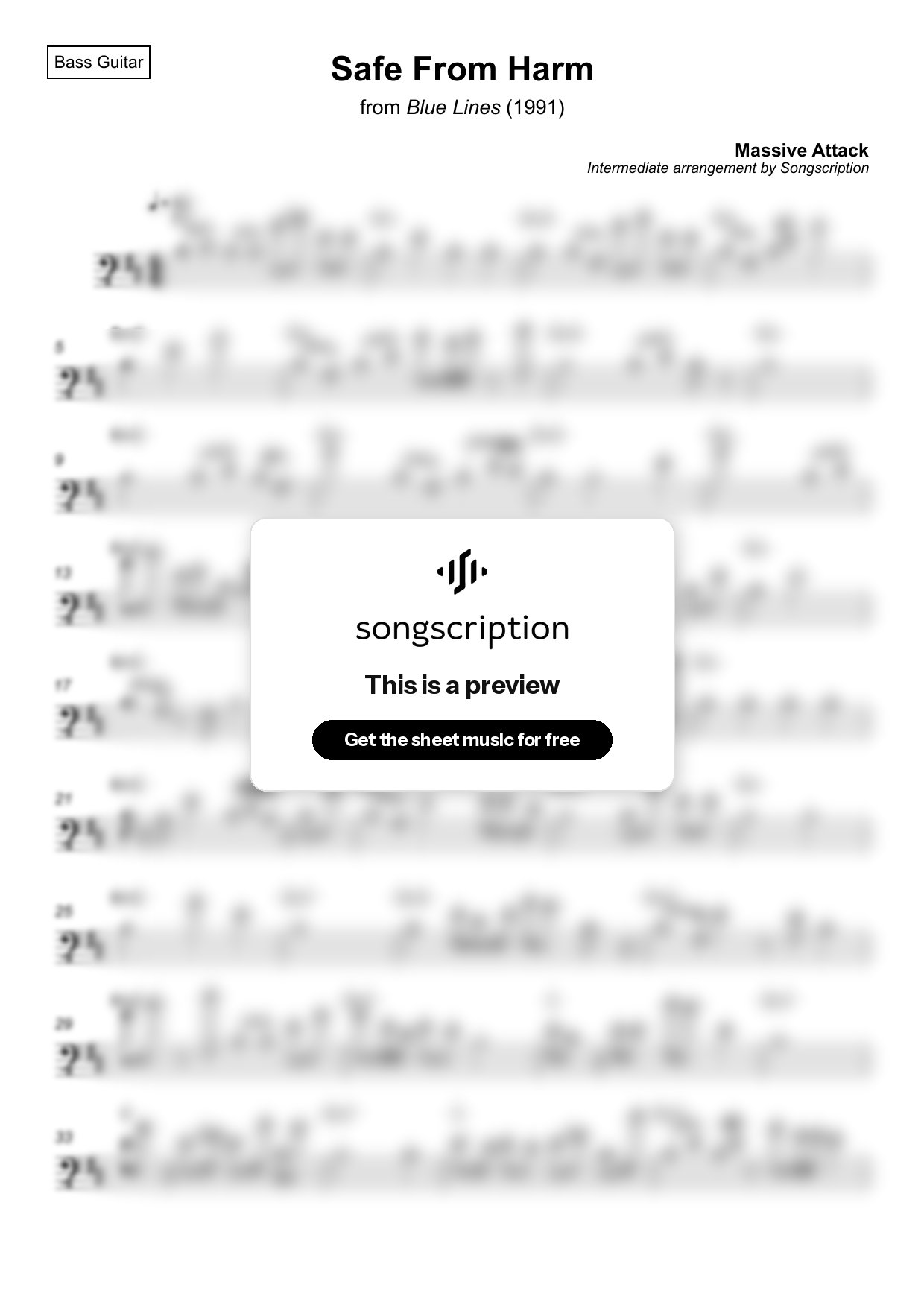 Intermediate Bass Guitar Sheet Music for "Safe From Harm" by Massive Attack