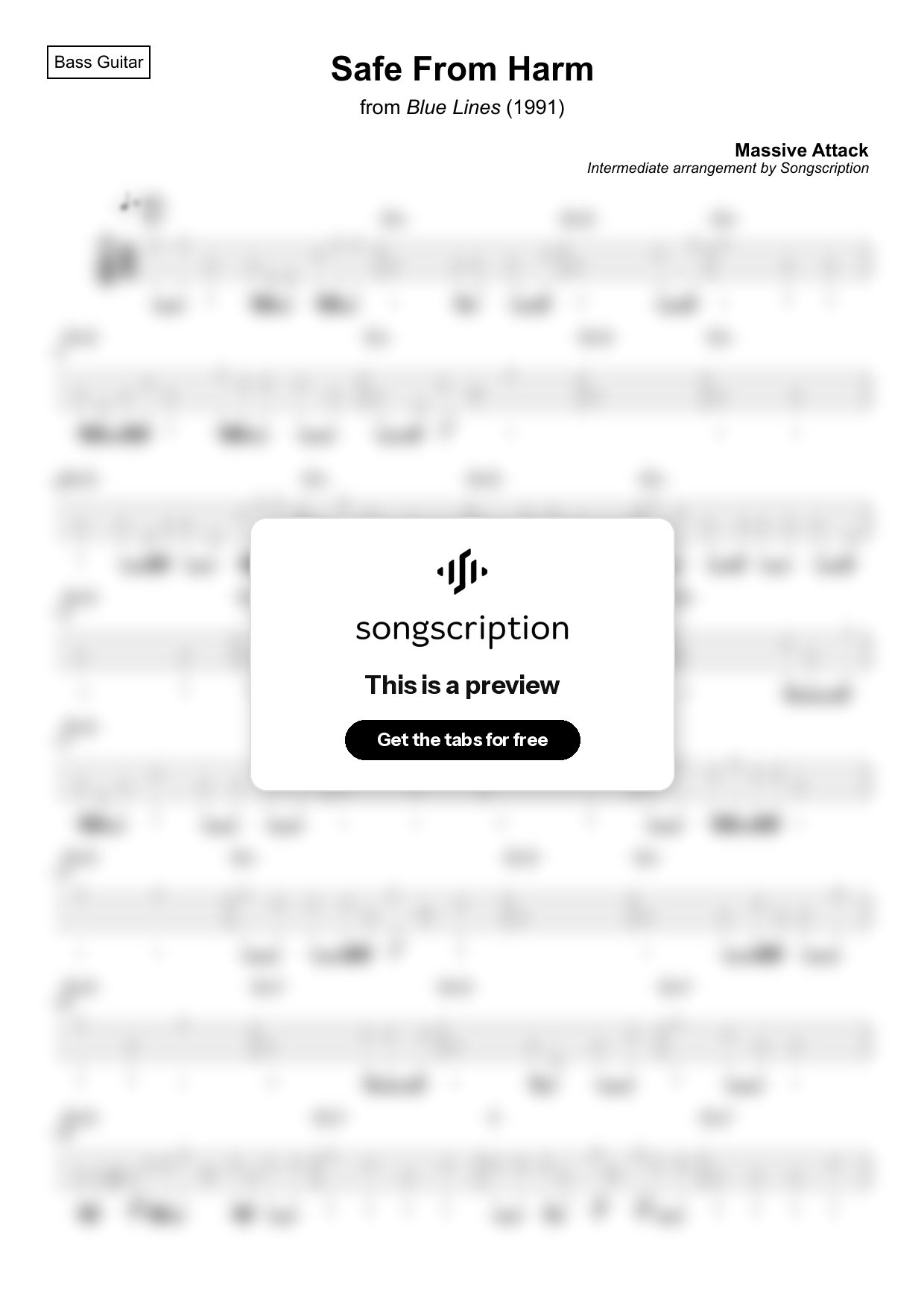Intermediate Bass Guitar Tabs for "Safe From Harm" by Massive Attack