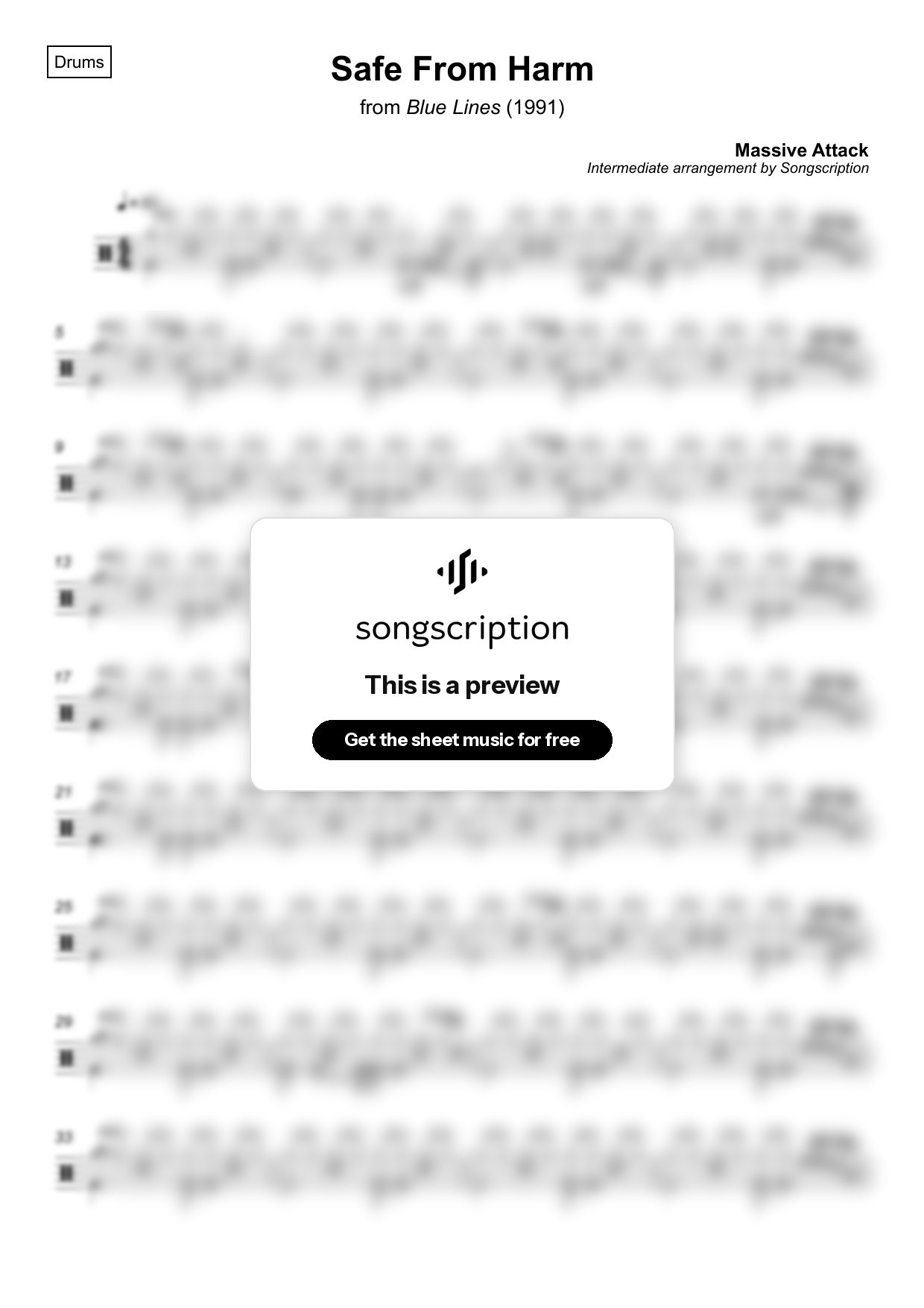 Intermediate Drums Sheet Music for "Safe From Harm" by Massive Attack
