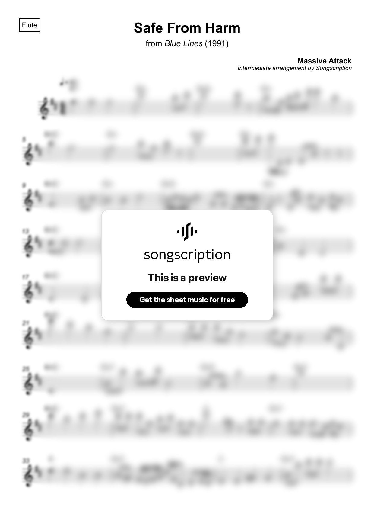 Intermediate Flute Sheet Music for "Safe From Harm" by Massive Attack