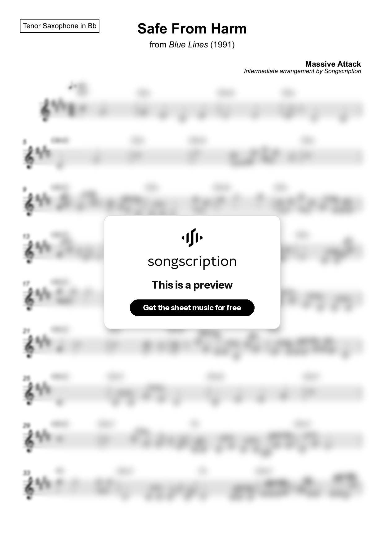 Intermediate Tenor Sax Sheet Music for "Safe From Harm" by Massive Attack