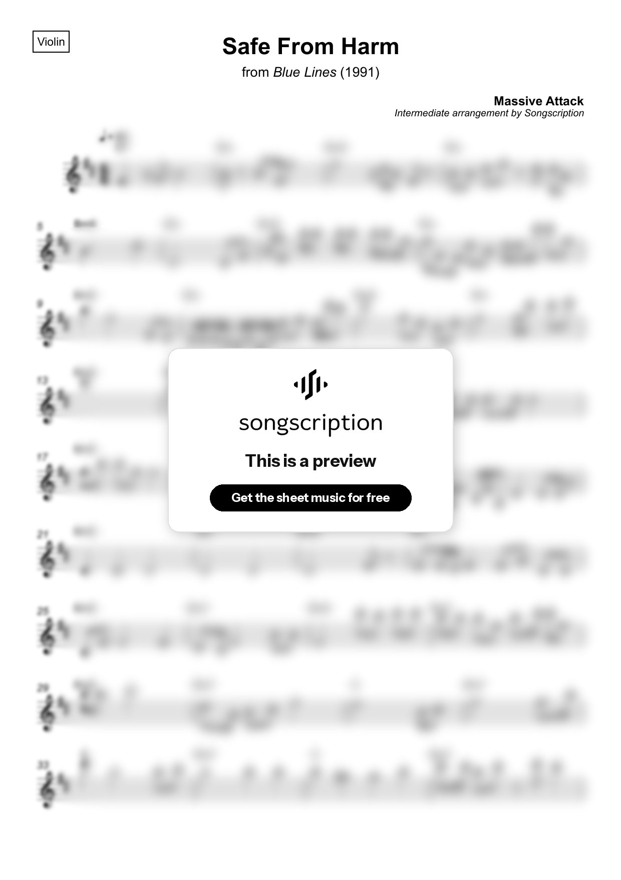 Intermediate Violin Sheet Music for "Safe From Harm" by Massive Attack