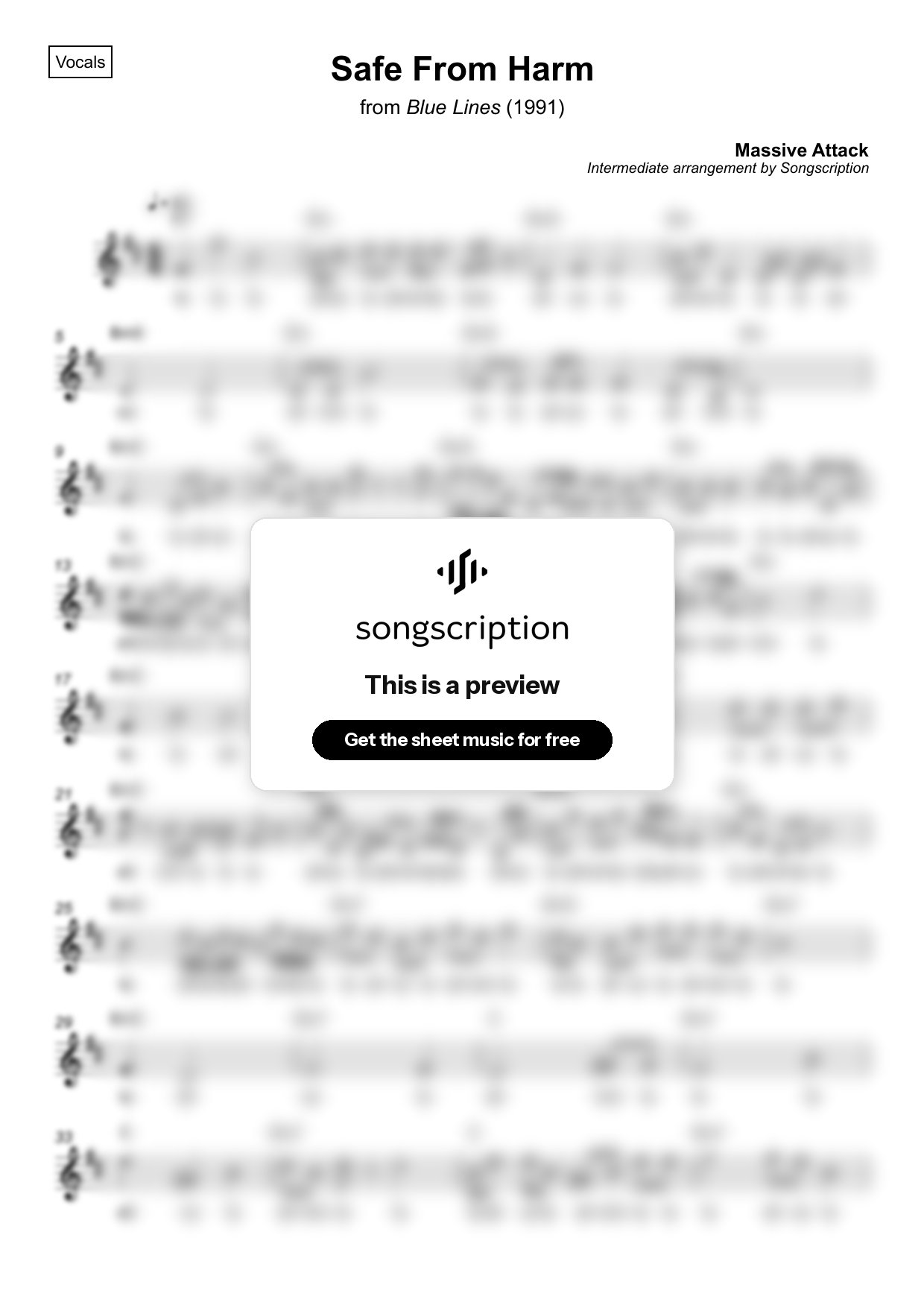 Intermediate Vocals Sheet Music for "Safe From Harm" by Massive Attack