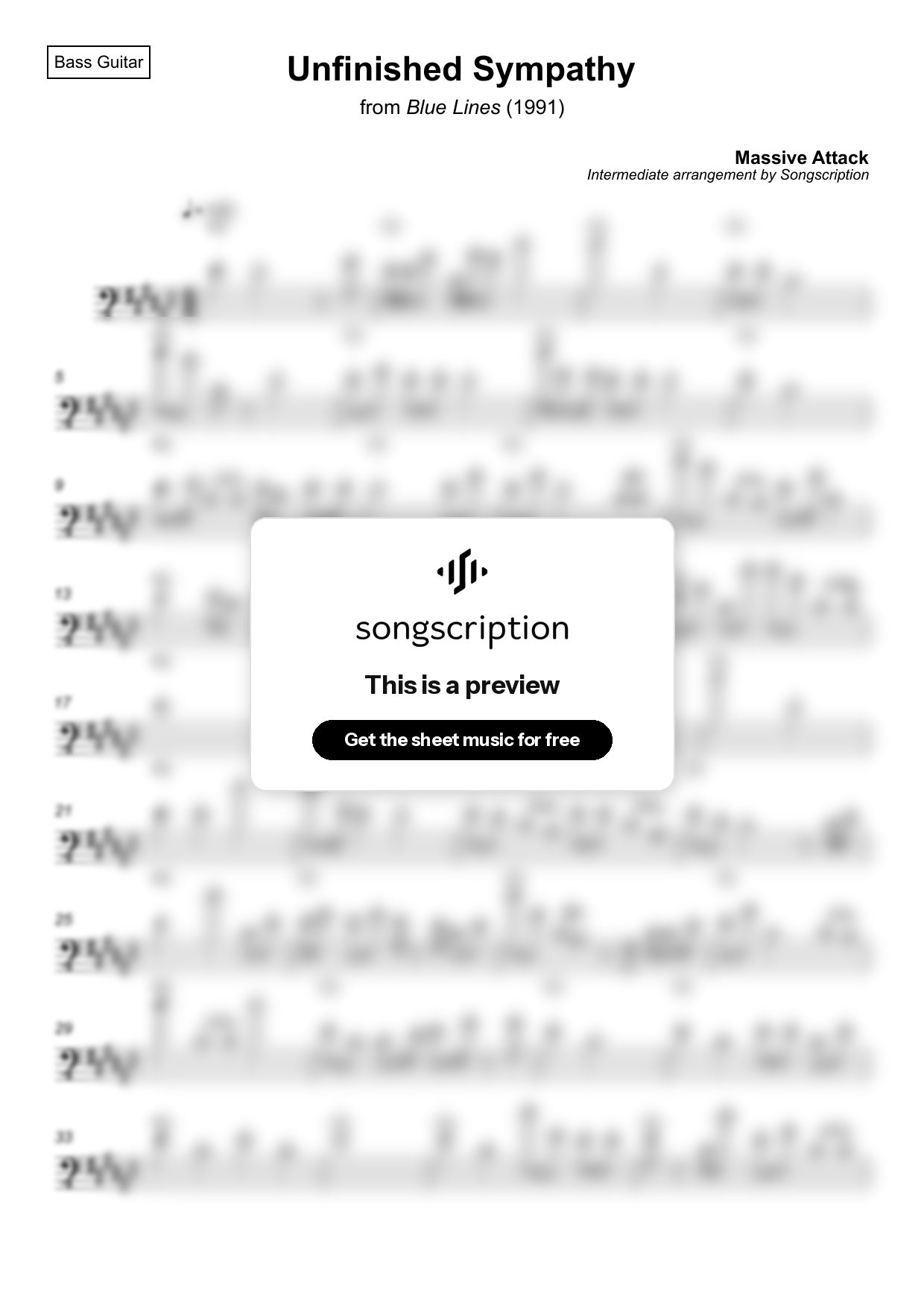Intermediate Bass Guitar Sheet Music for "Unfinished Sympathy" by Massive Attack
