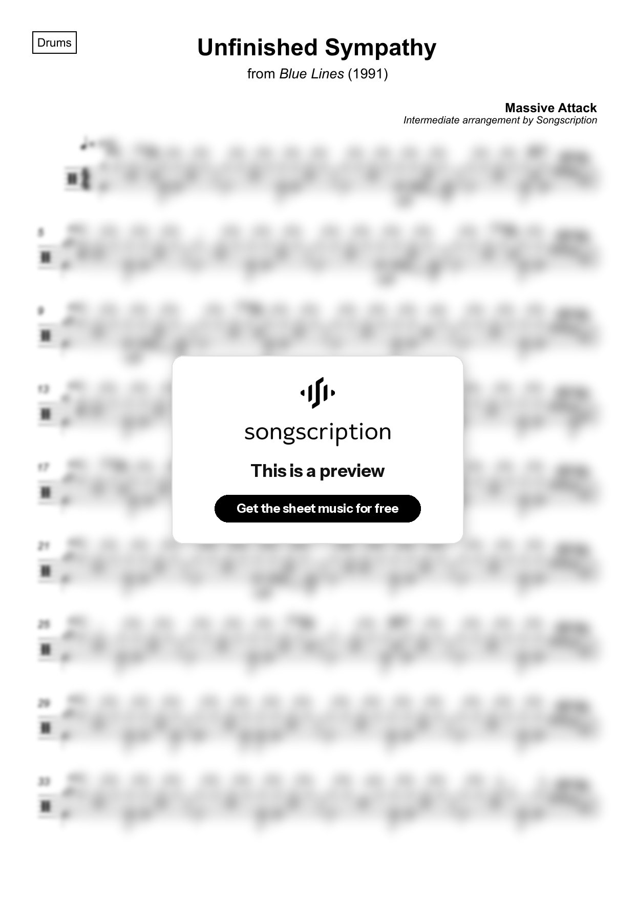 Intermediate Drums Sheet Music for "Unfinished Sympathy" by Massive Attack